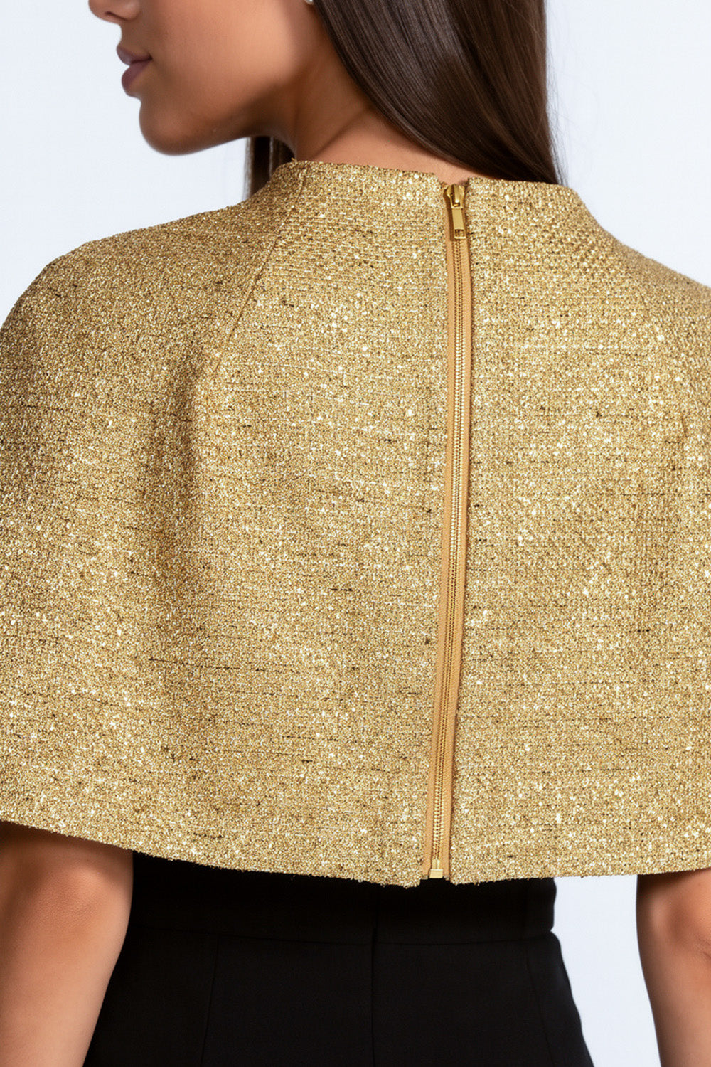 Cropped Metallic Woven Cape with Round Neck – Gold – view 8