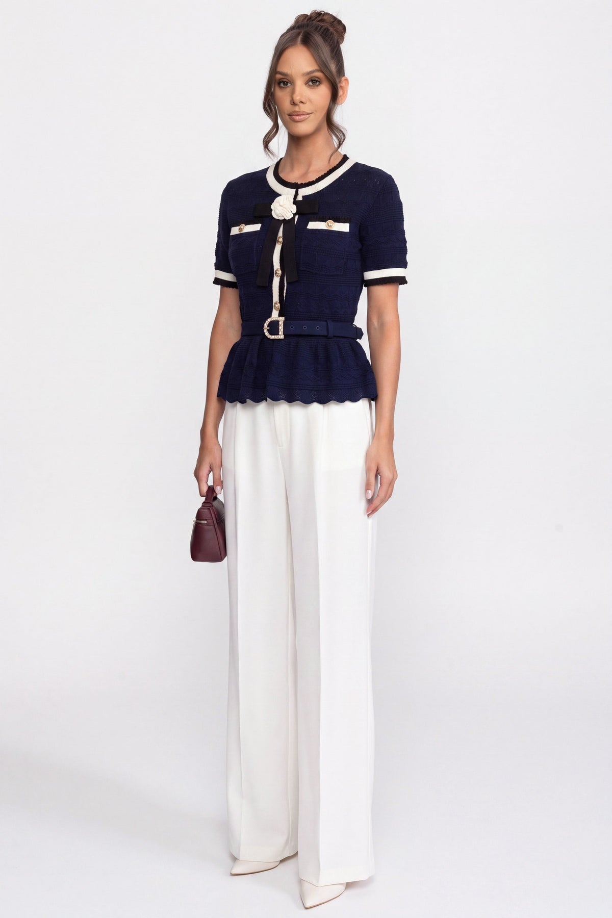 Peplum Knit Top with Contrast Sailor Collar and Pearl Buttons – Navy – view 2
