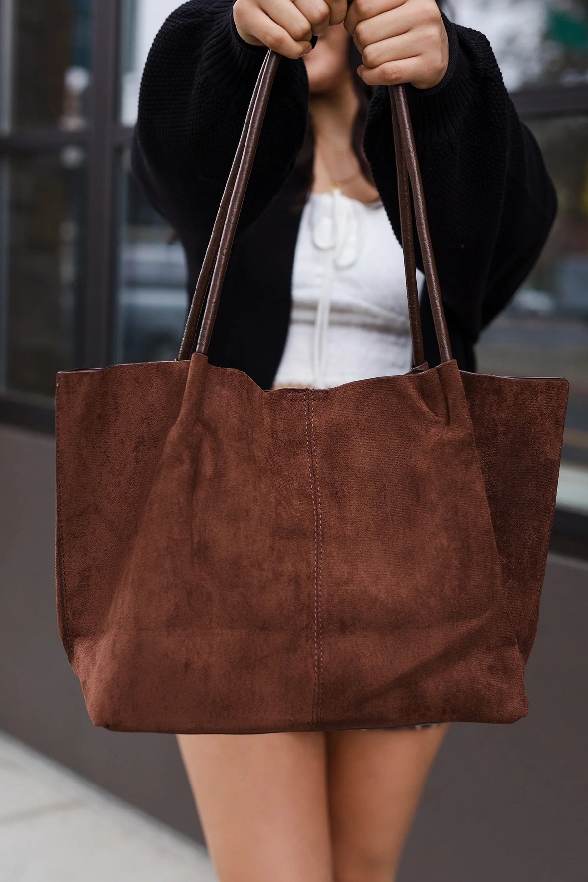 Cheska Retro Faux Suede Tote Bag with Matching Pouch