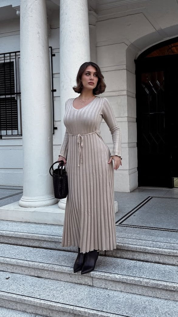 Cyra V-Neck Ribbed Knit Long Sleeve Maxi Dress – Beige – view 6