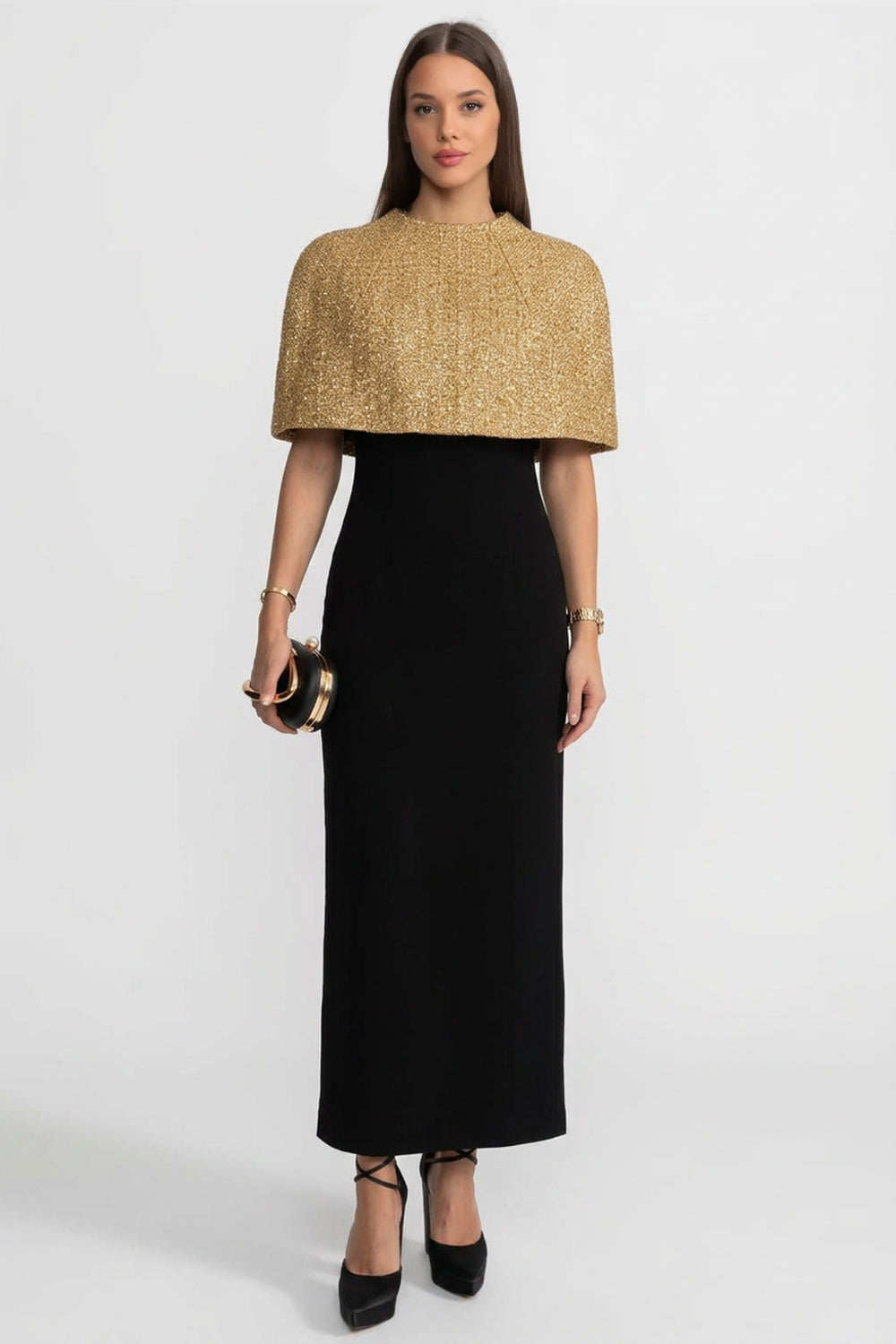 Cropped Metallic Woven Cape with Round Neck – Gold – view 4