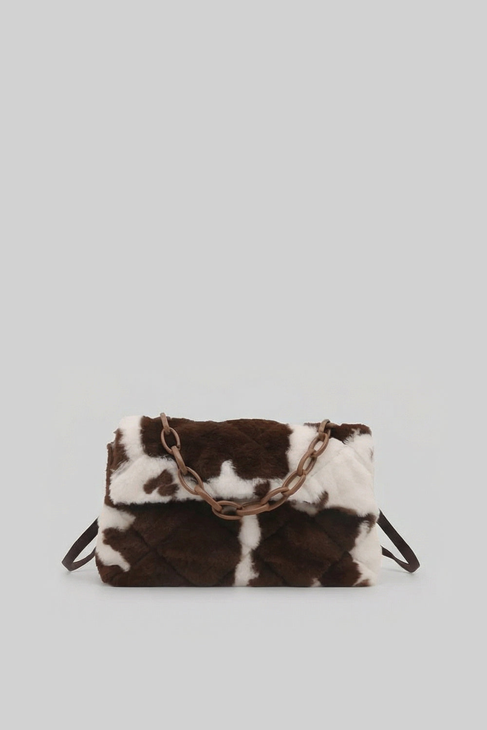 Faux Fur Chain-Handle Mini Bag with Quilted Texture – Brown & White – view 1