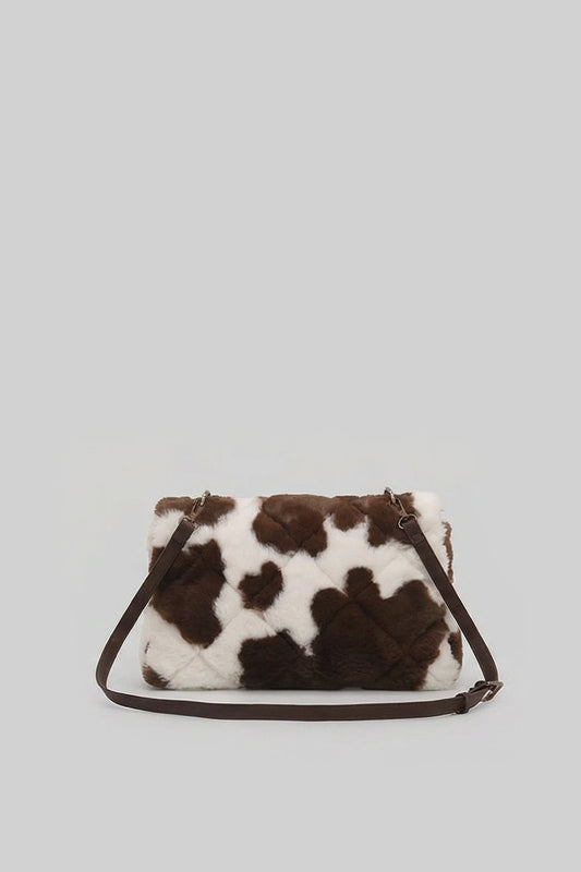 Faux Fur Chain-Handle Mini Bag with Quilted Texture – Brown & White