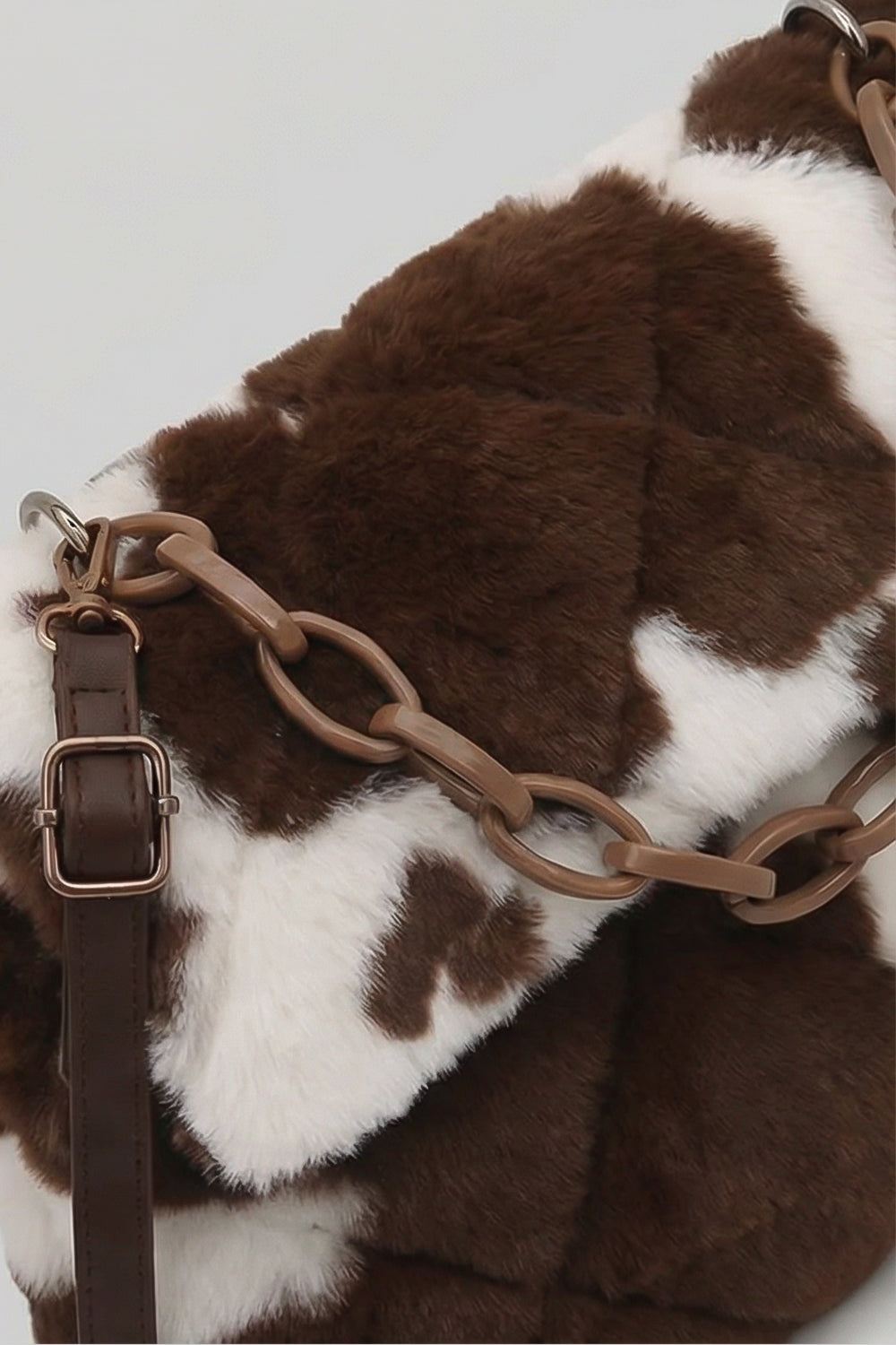 Faux Fur Chain-Handle Mini Bag with Quilted Texture – Brown & White – view 3