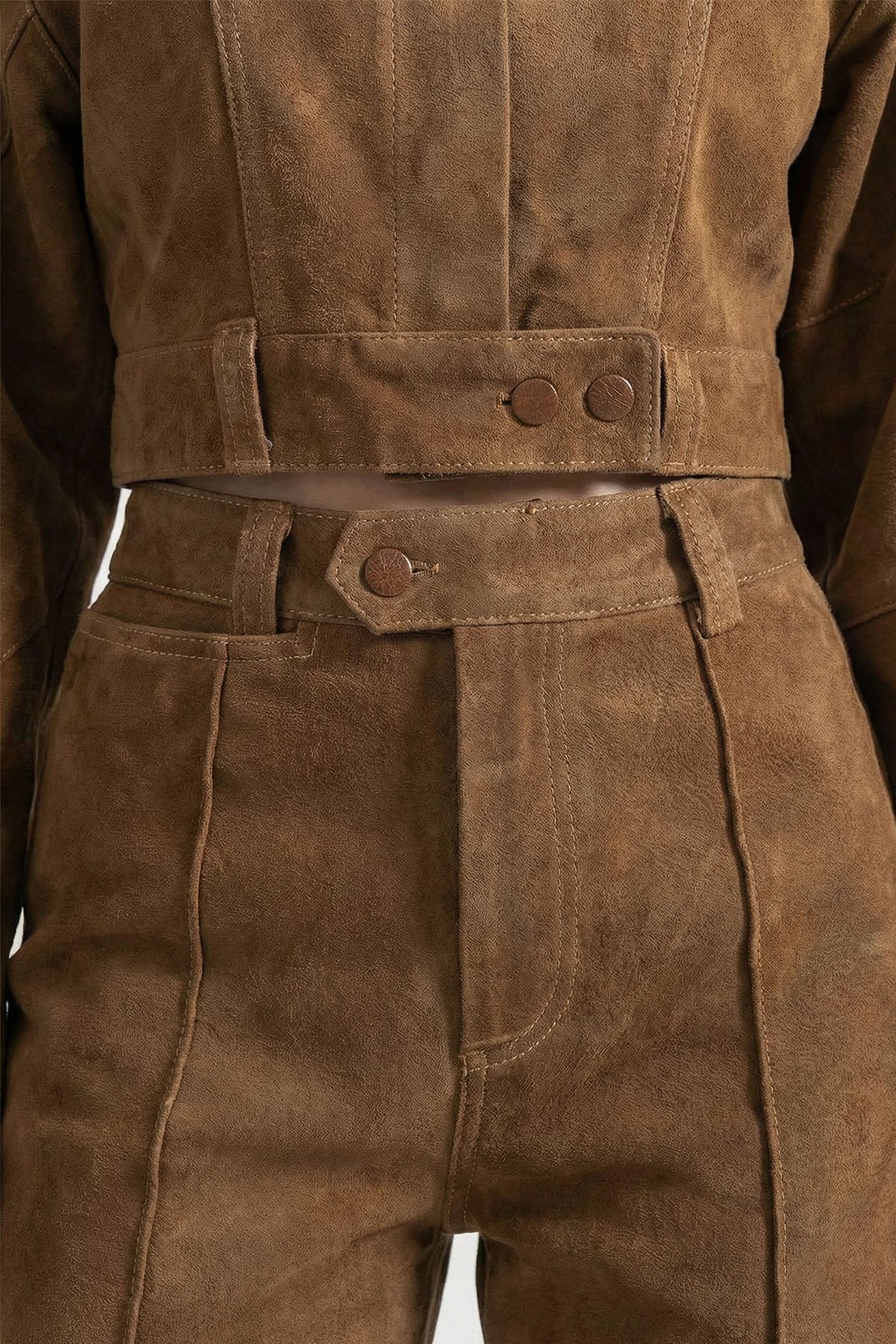 Suede Tie-Neck Cropped Jacket and Wide Leg Trousers Co-ord Set – Brown – view 5