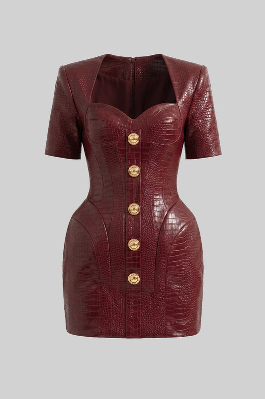 Croc-Effect Sweetheart Mini Dress with Gold Button Front – Red – view 2