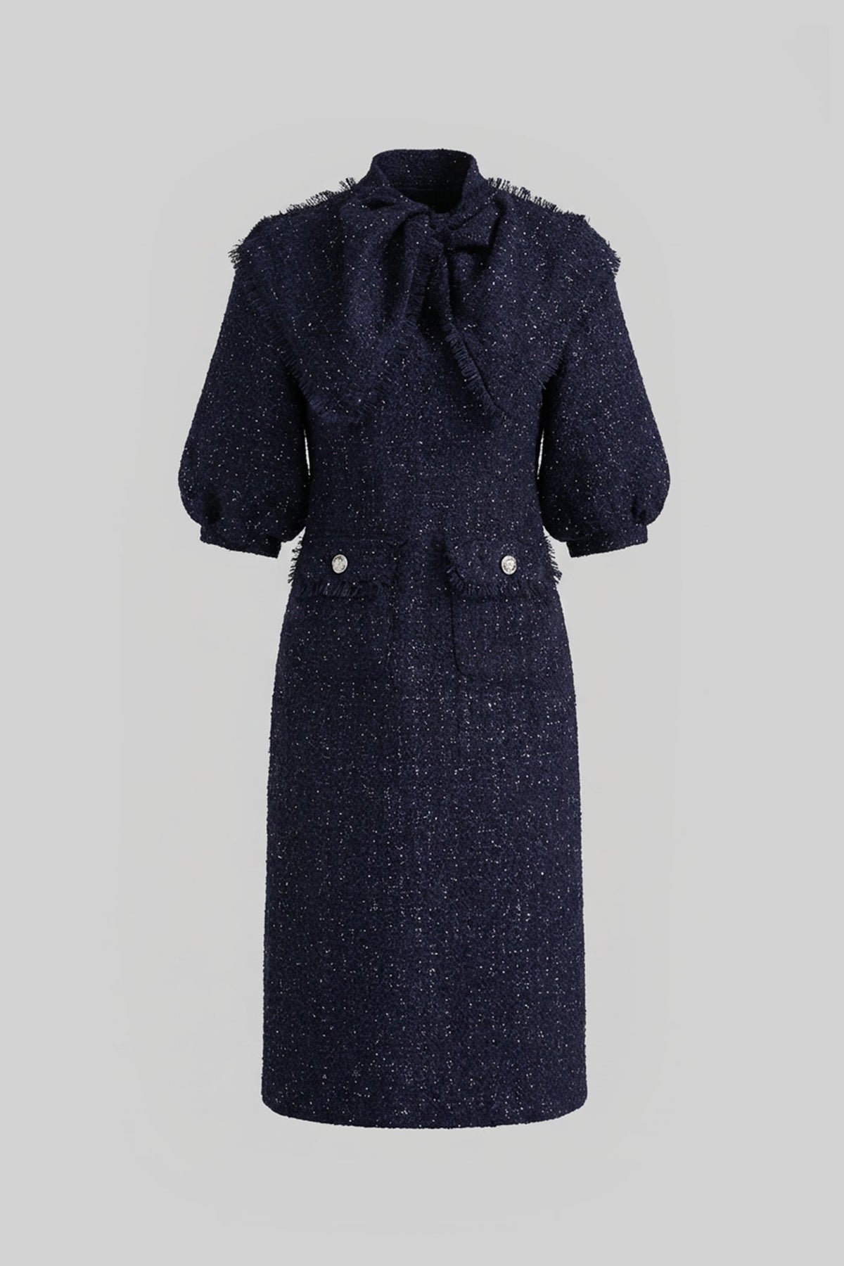 Tweed Midi Dress with Oversized Bow Neck and Puff Sleeves – Navy – view 2