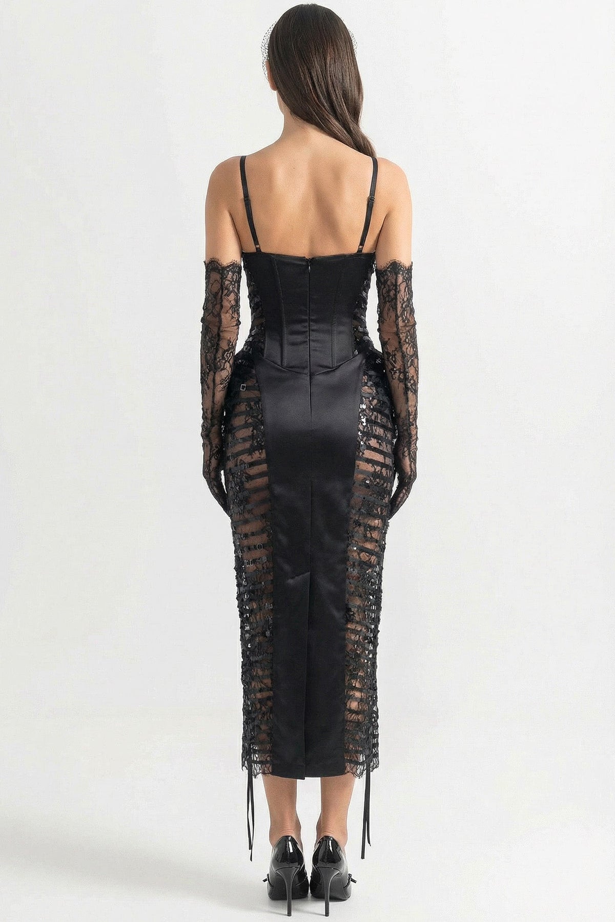 Satin-Look Corset Midi Dress with Lace Trim and Sequin Side Panels – Black – view 4