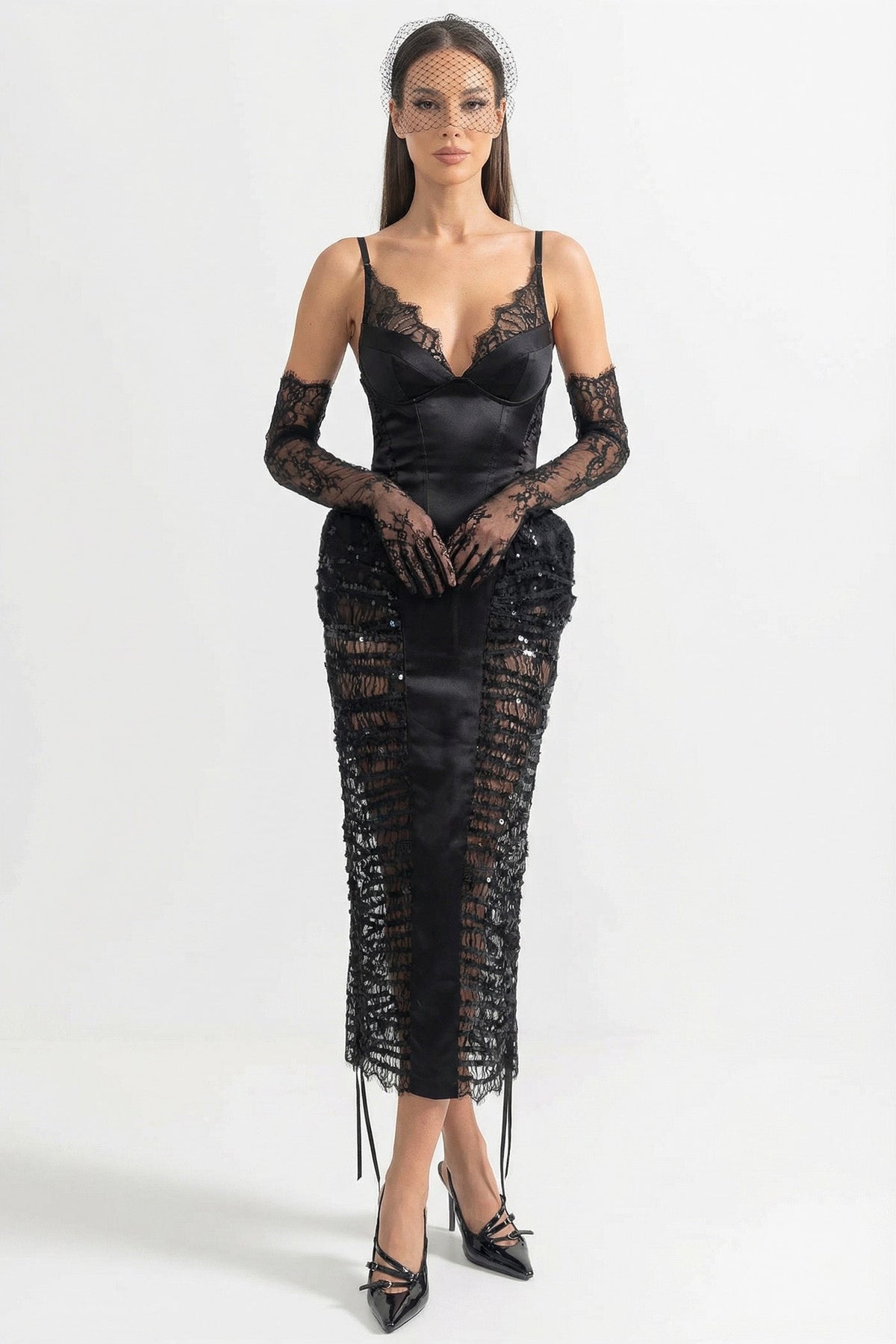 Satin-Look Corset Midi Dress with Lace Trim and Sequin Side Panels – Black – view 1
