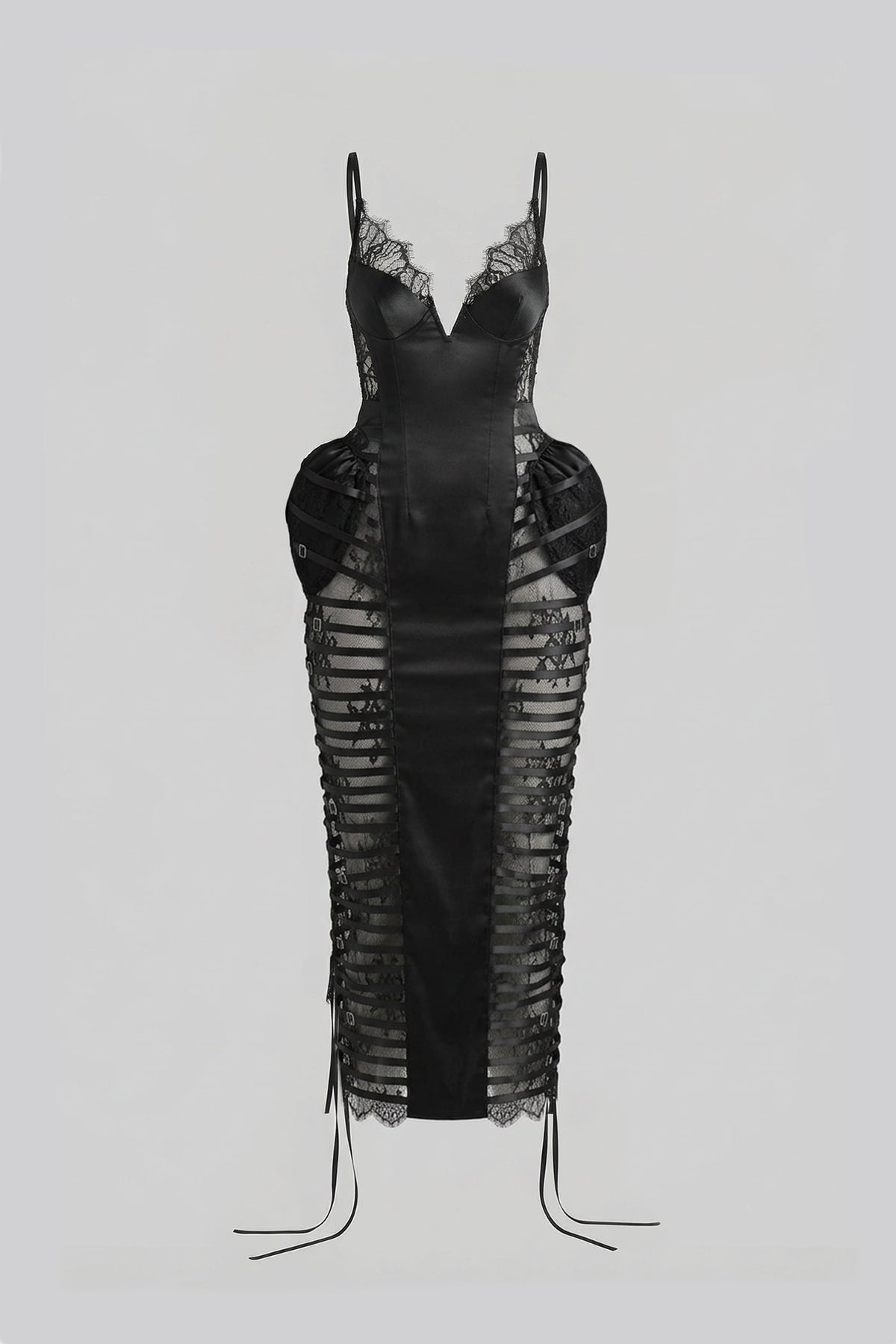 Satin-Look Corset Midi Dress with Lace Trim and Sequin Side Panels – Black – view 2