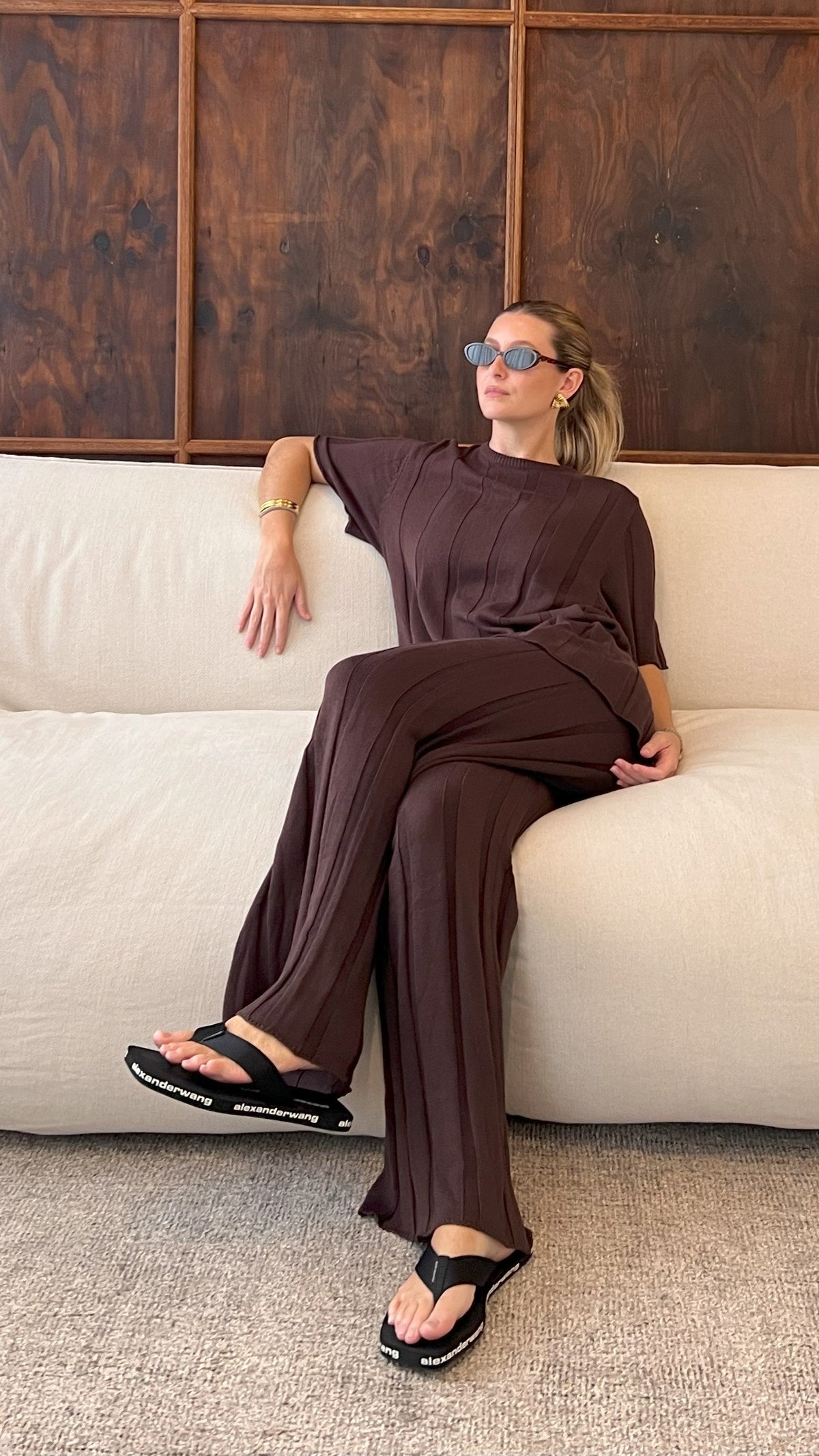Bayu High Waisted Ribbed Knit Wide Leg Trousers – Brown – view 11