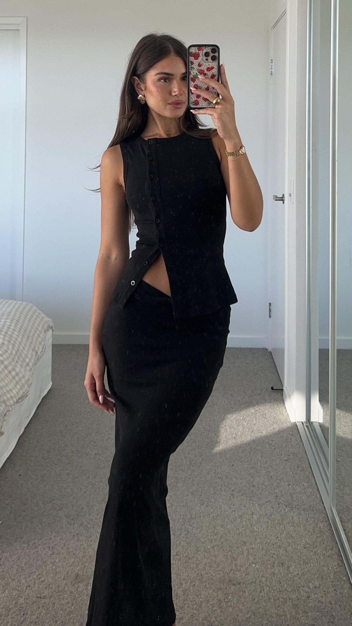 Rahela Sleeveless Ribbed Cotton Button Top and Maxi Skirt Set – Black – view 5