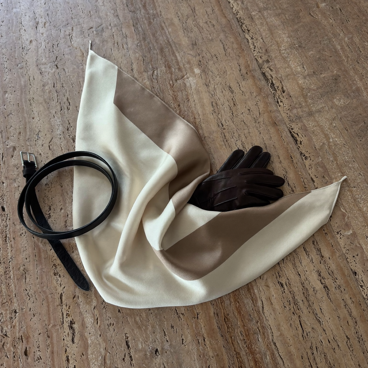 Silk scarf, leather gloves and belt
