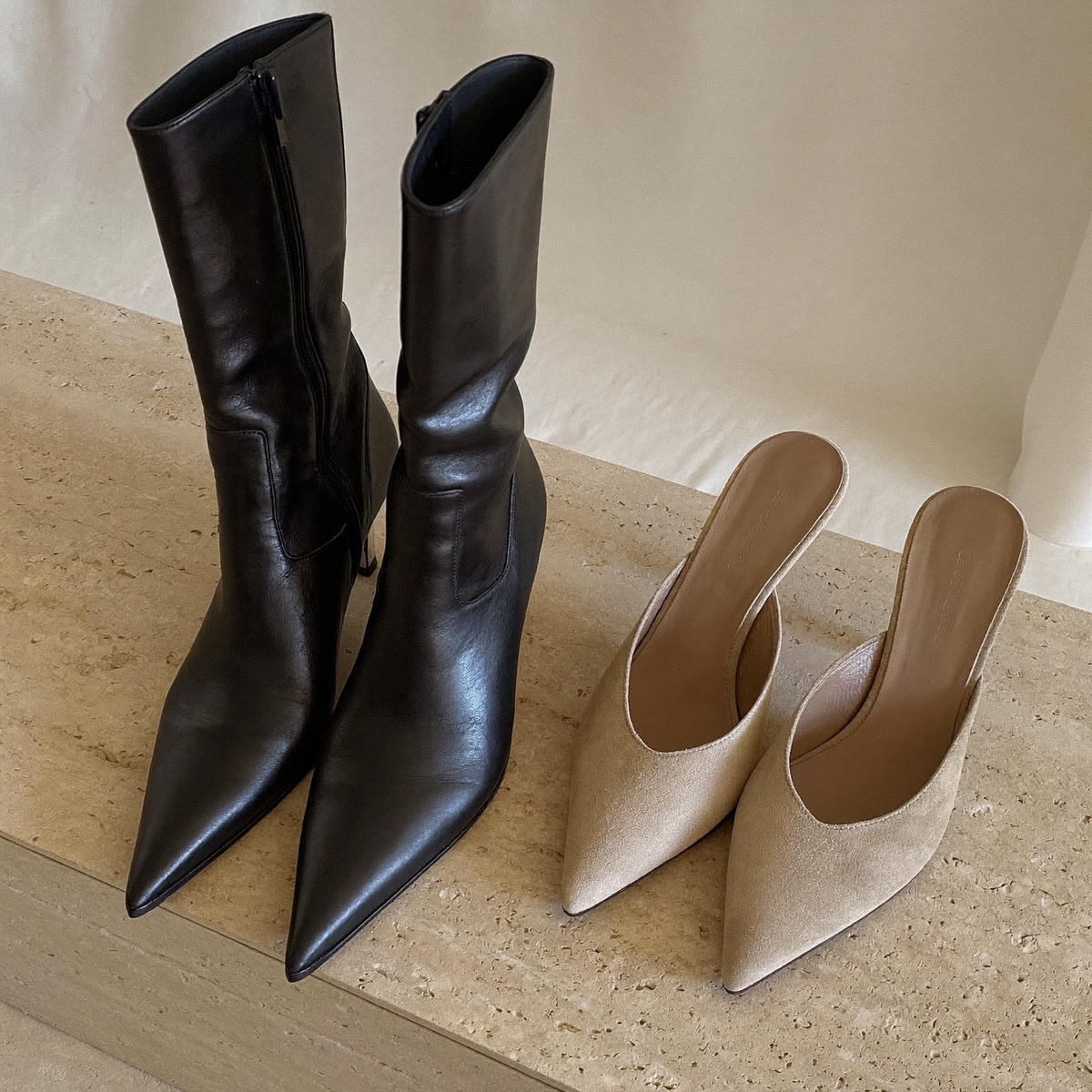 Black ankle boots and stone suede mules