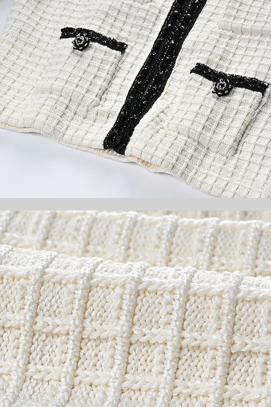 Tweed Long Sleeve Top and Flared Mini Skirt Set with Black Trim – Ivory – view 12