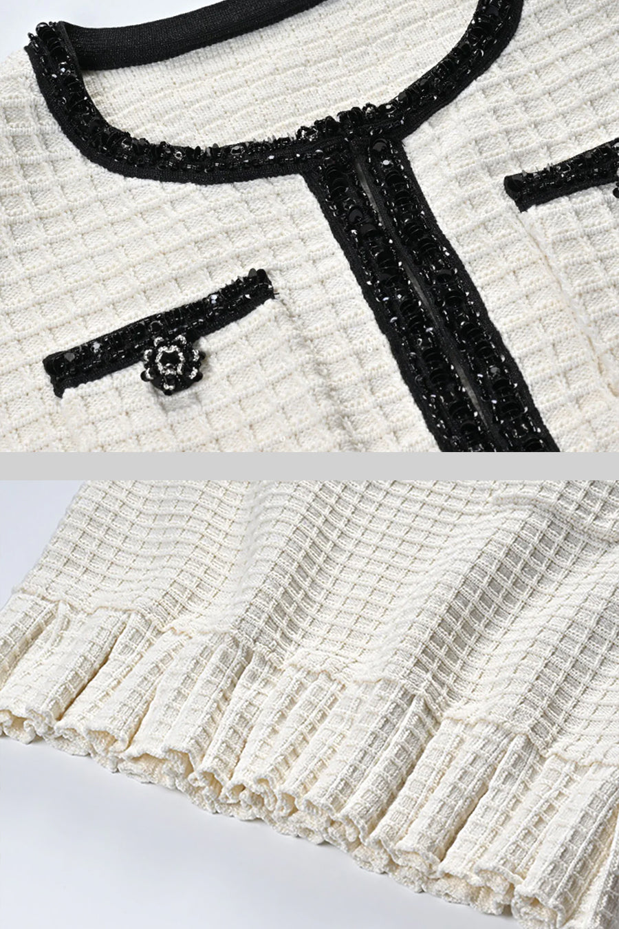 Tweed Long Sleeve Top and Flared Mini Skirt Set with Black Trim – Ivory – view 11