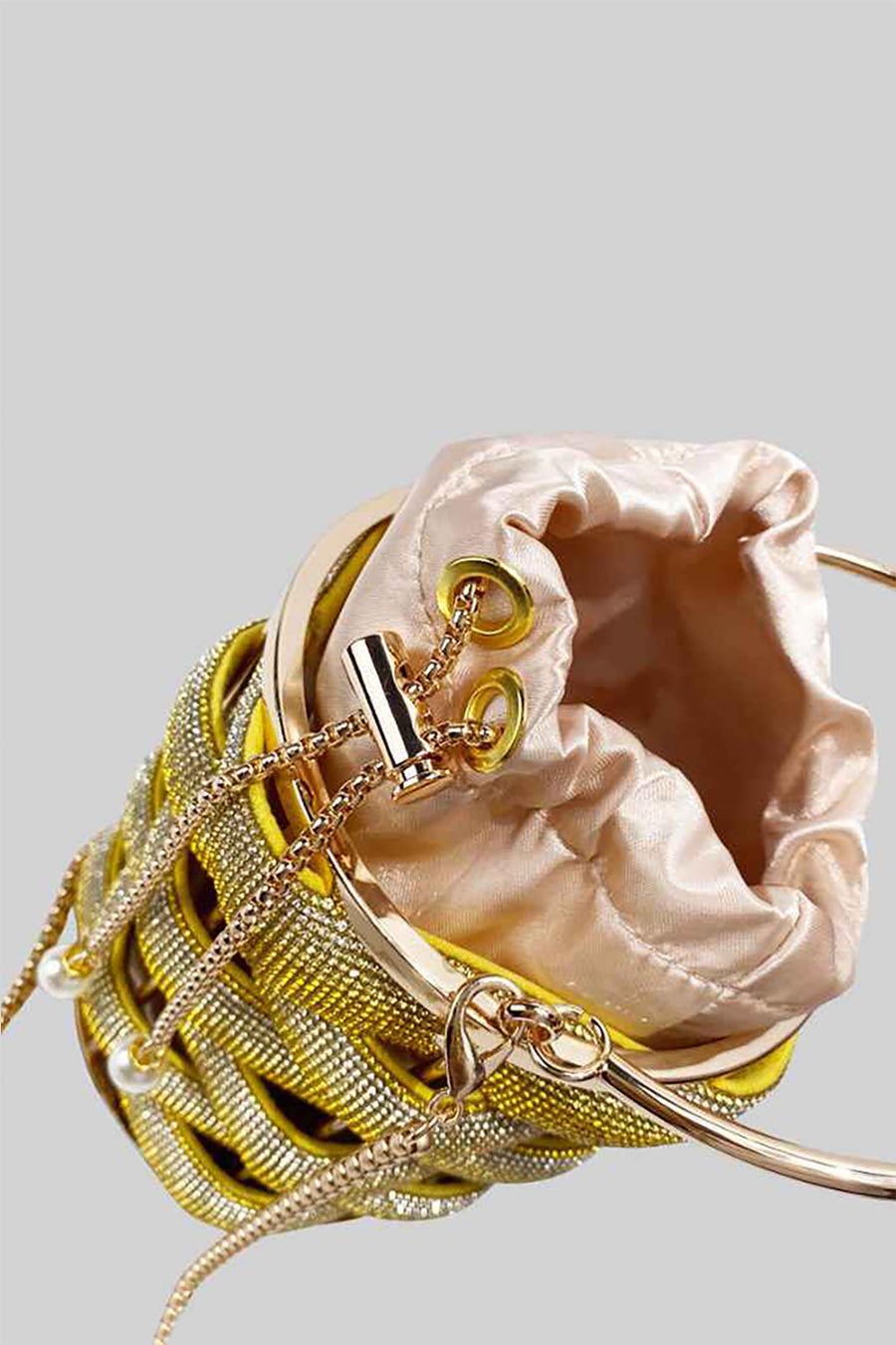 Beaded Mini Bucket Bag with Satin Drawstring Closure – Gold – view 7