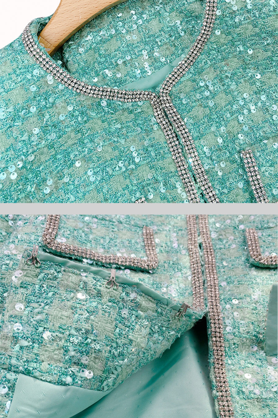 Sparkling Knit Jacket and Ruffle Hem Skirt Set – Mint Green