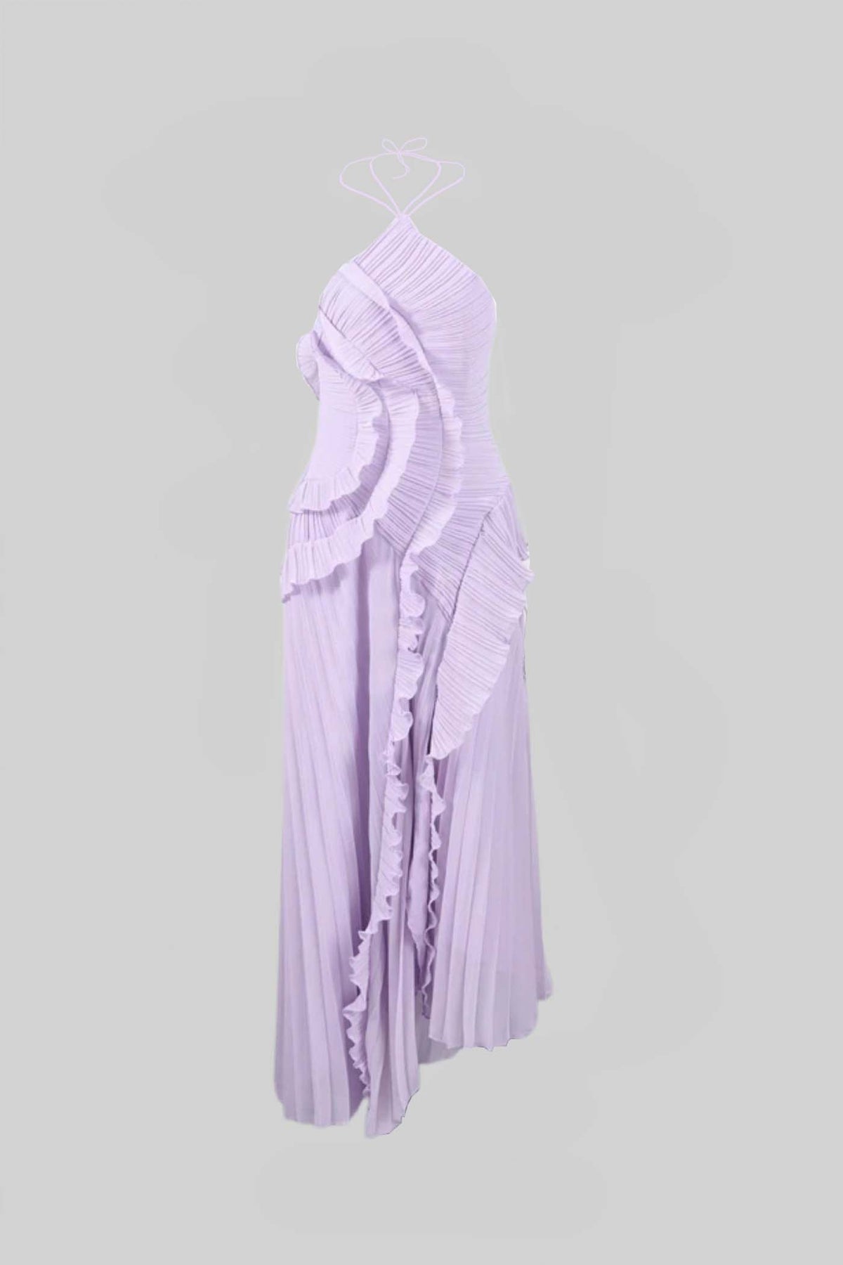 Accordion Pleated Halter Midi Dress with Cascading Ruffles – Lavender – view 5