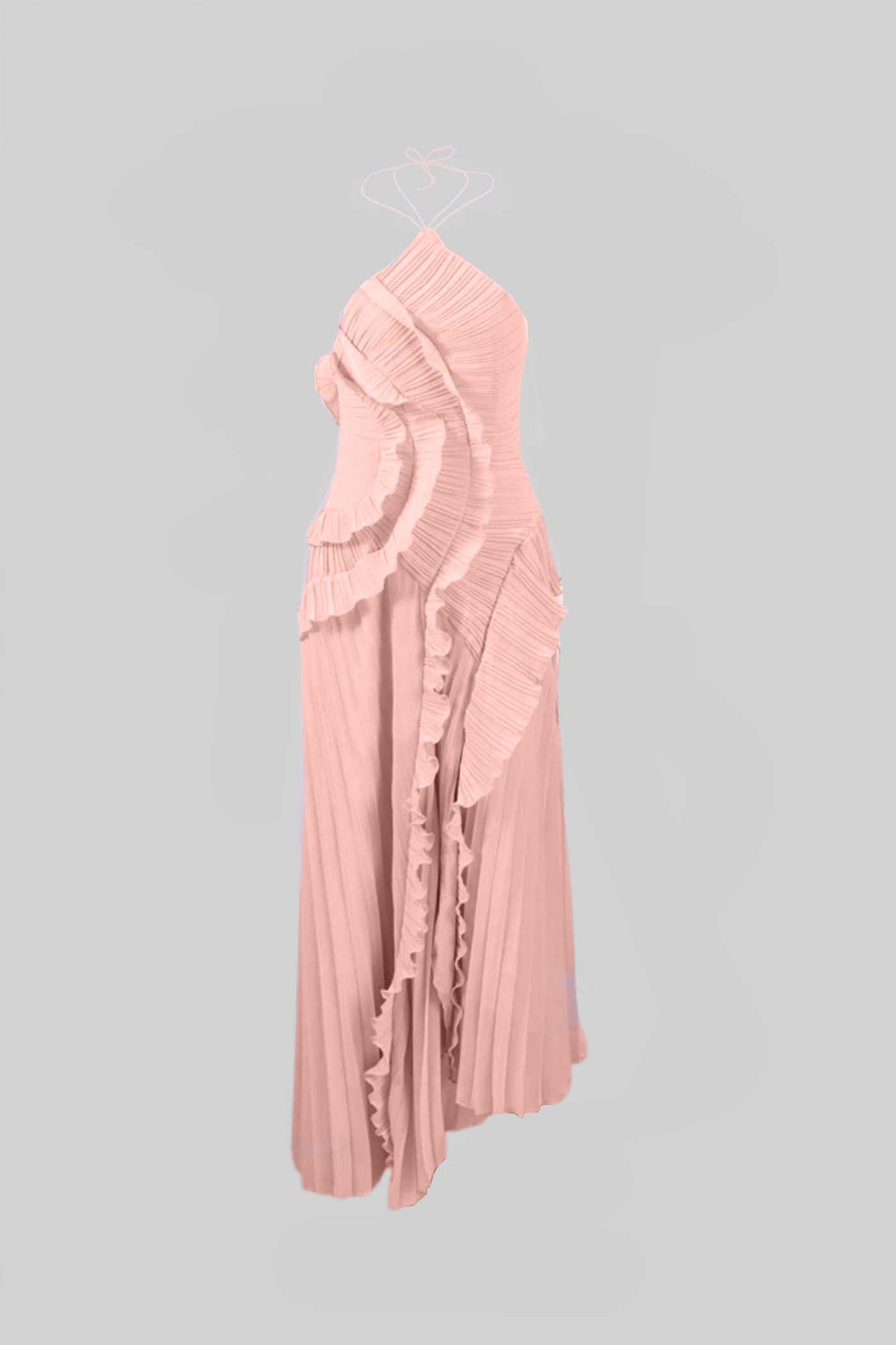 Accordion Pleated Halter Midi Dress with Cascading Ruffles – Pink – view 3