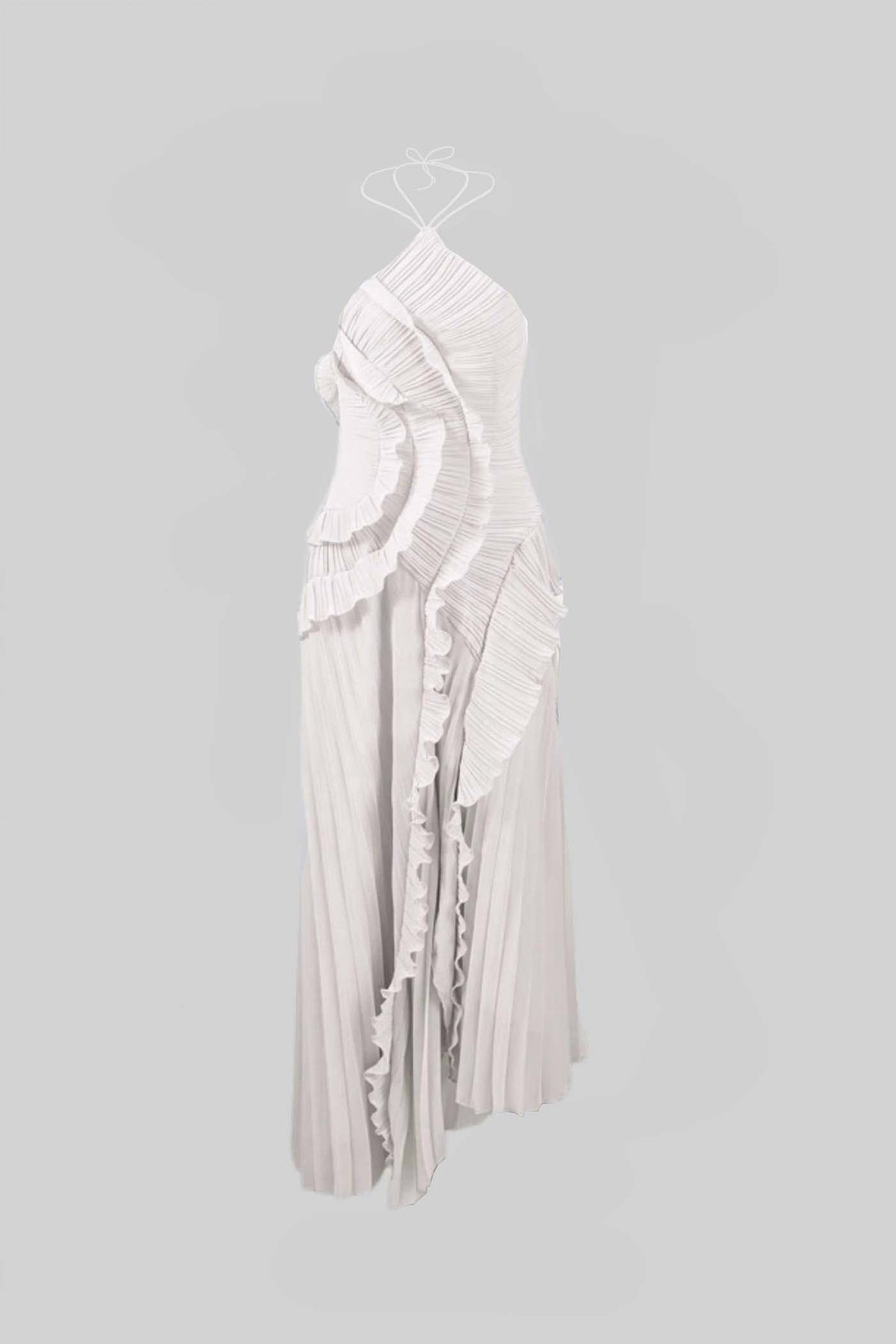 Accordion Pleated Halter Midi Dress with Cascading Ruffles – White – view 5