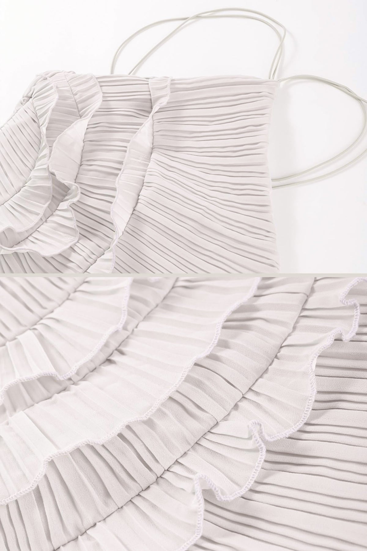 Accordion Pleated Halter Midi Dress with Cascading Ruffles – White – view 13