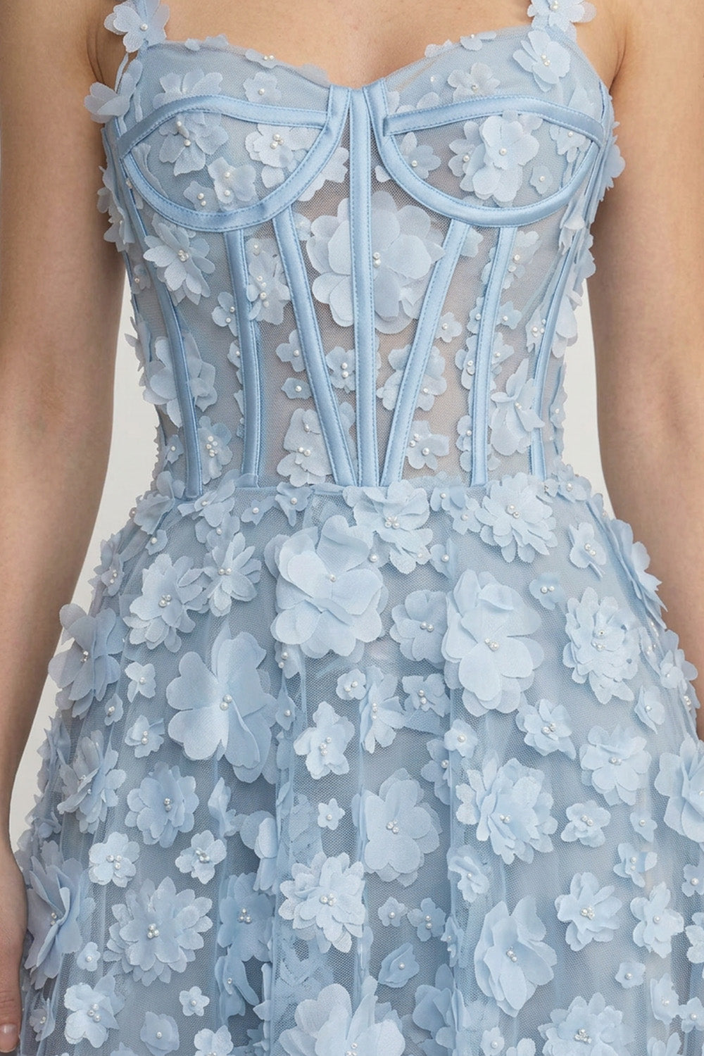 Floral Appliqué Corset Bodice Sweetheart Neck Maxi Dress – Blue – view 6