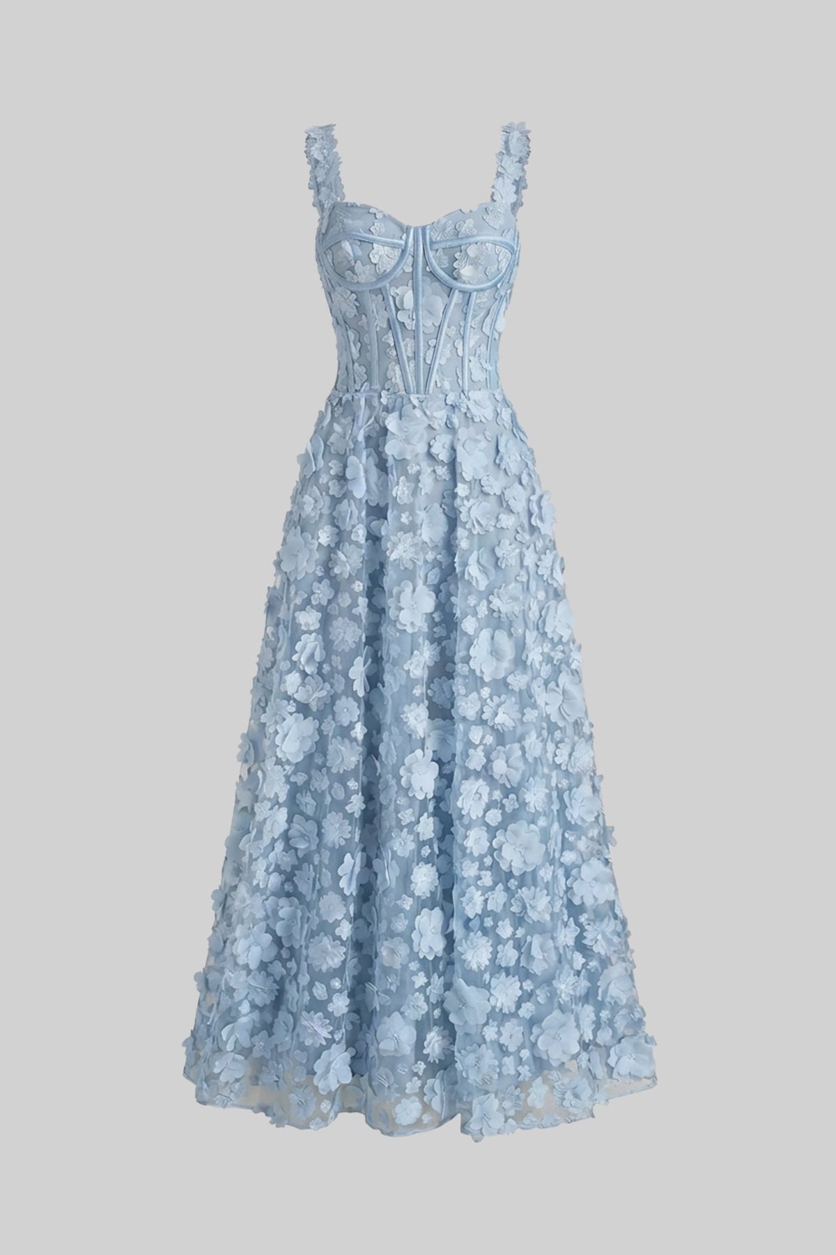 Floral Appliqué Corset Bodice Sweetheart Neck Maxi Dress – Blue