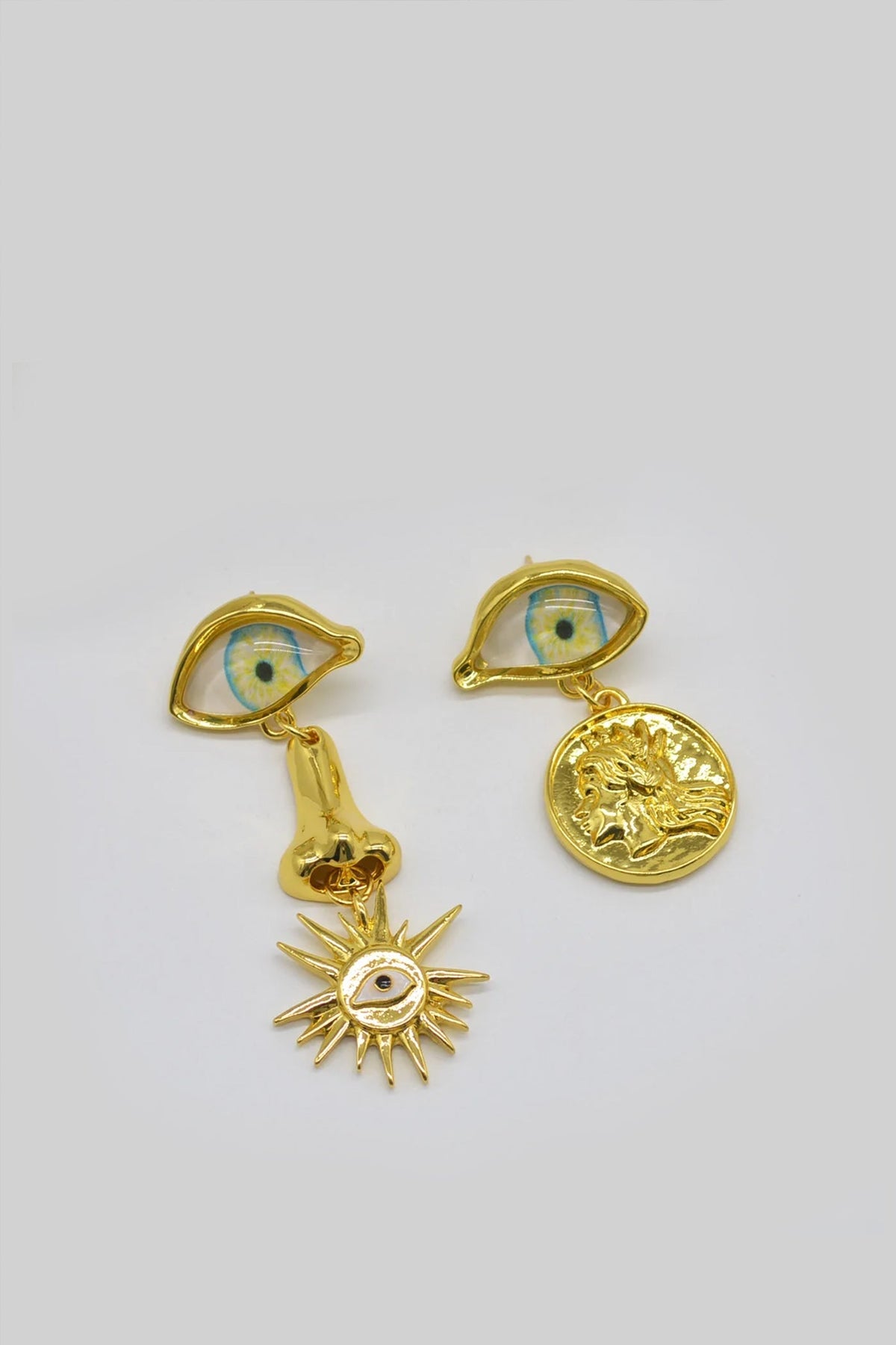 Statement Drop Earrings with Eye Motif and Symbol Charms – Gold – view 4