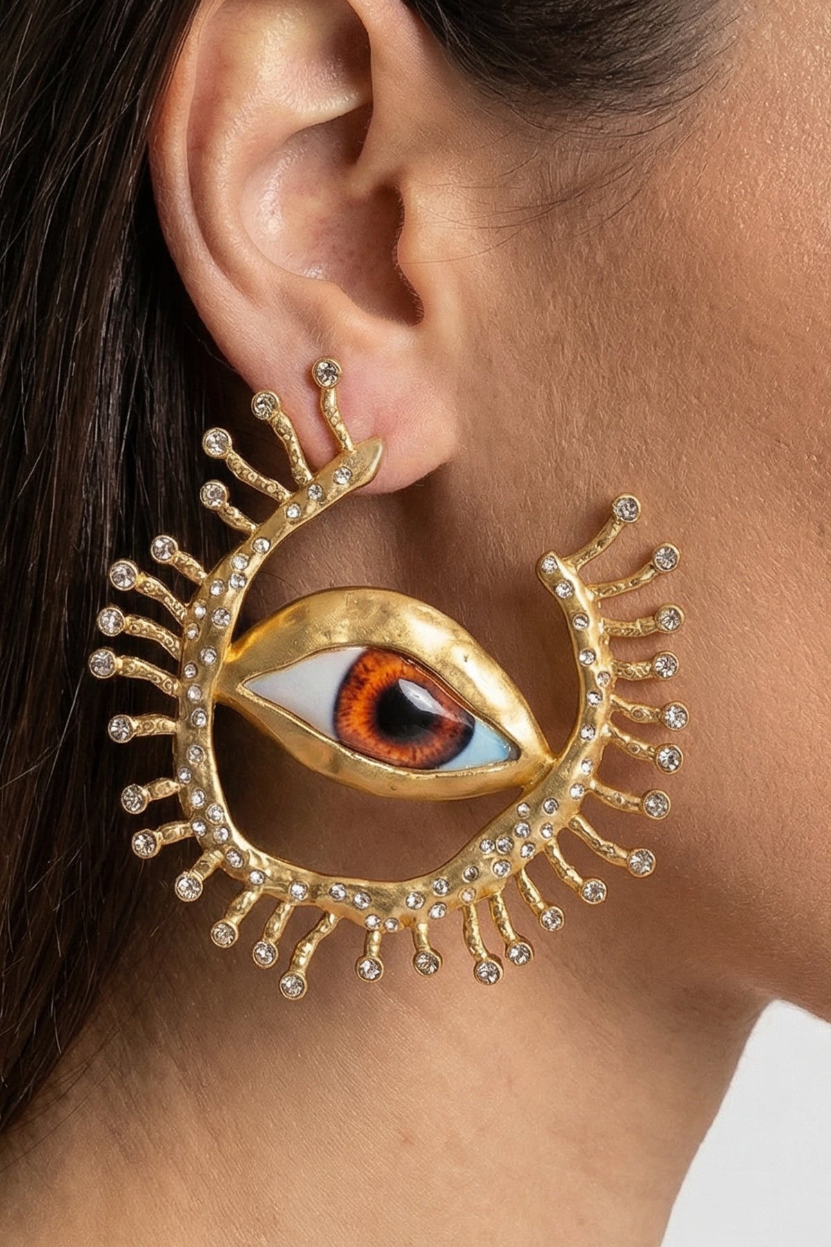 Statement Eye Stud Earrings with Crystal Ray Details – Gold – view 2