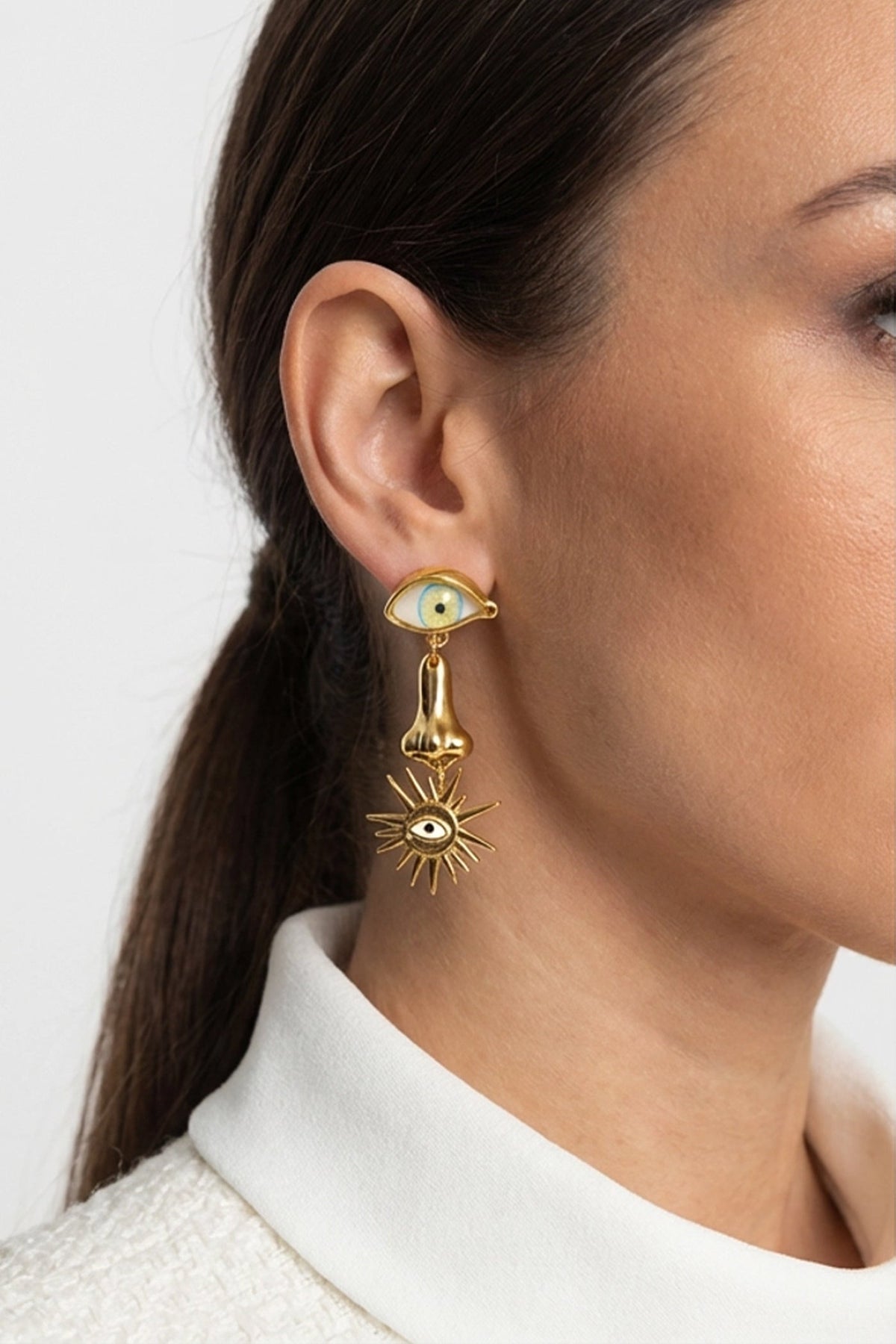Statement Drop Earrings with Eye Motif and Symbol Charms – Gold – view 1