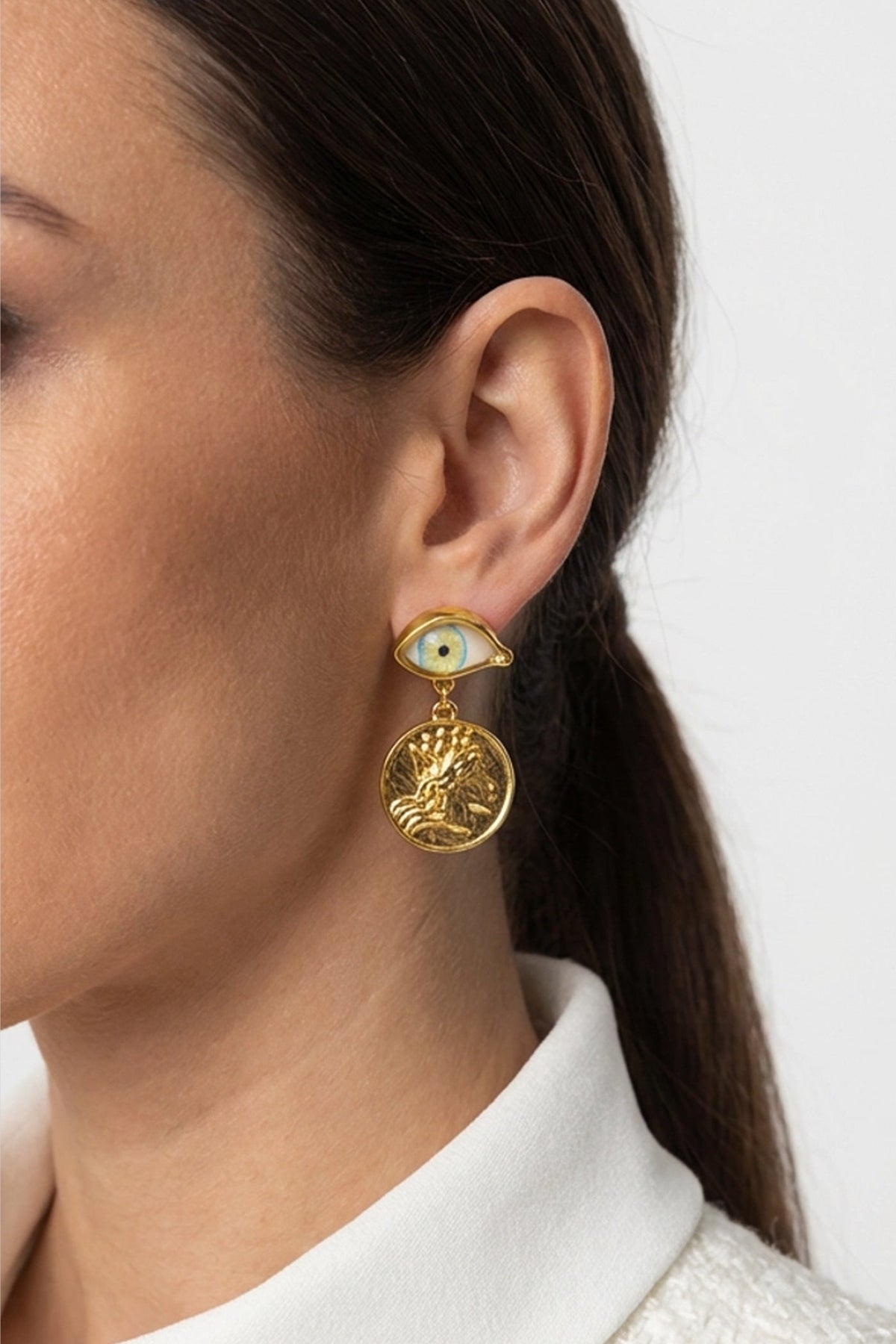 Statement Drop Earrings with Eye Motif and Symbol Charms – Gold – view 2