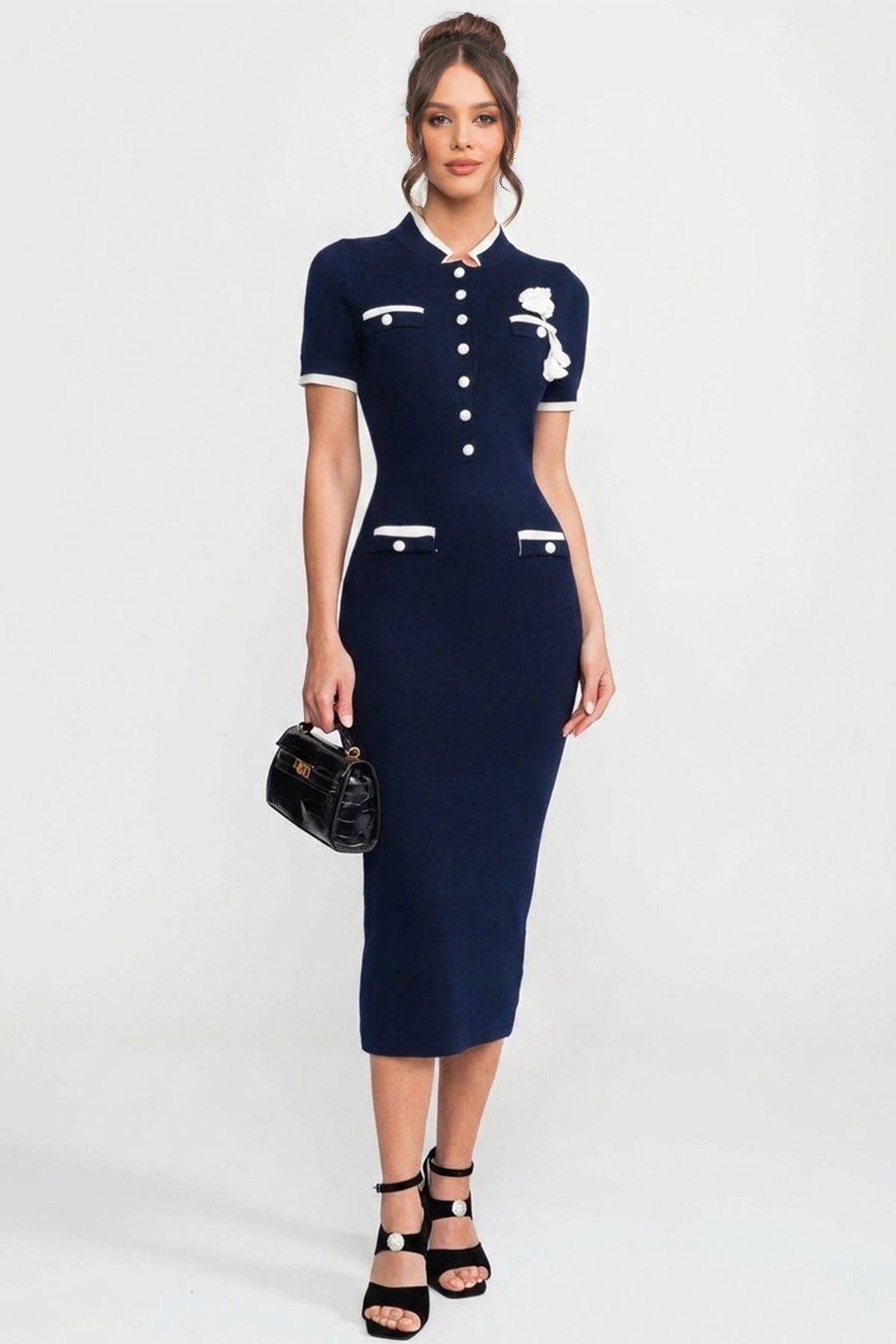 Fine Rib Knit Button-Through Midi Dress with Contrast Trim and Pockets – Navy – view 1
