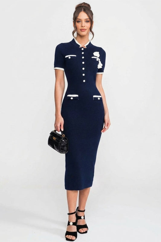 Fine Rib Knit Button-Through Midi Dress with Contrast Trim and Pockets – Navy