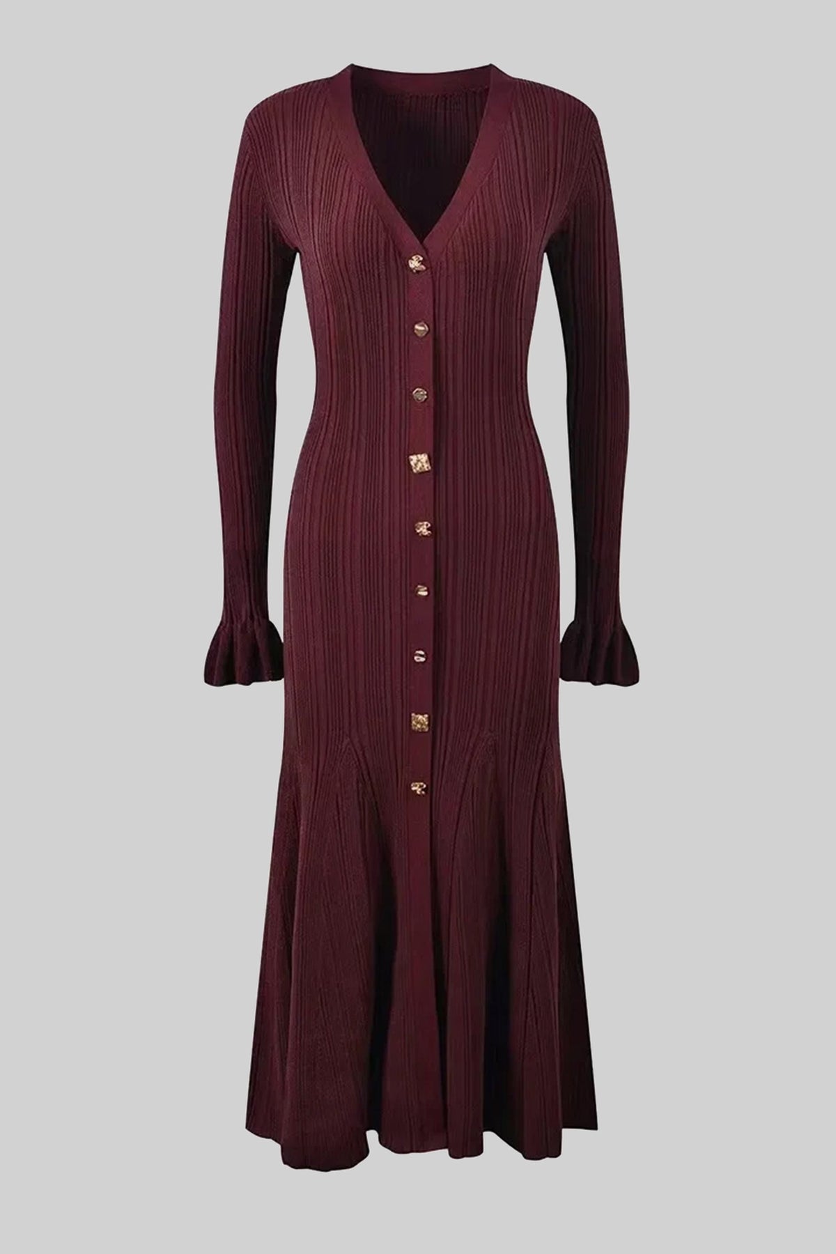 V-Neck Button-Front Ribbed Knit Maxi Dress with Ruffle Cuffs – Burgundy – view 2