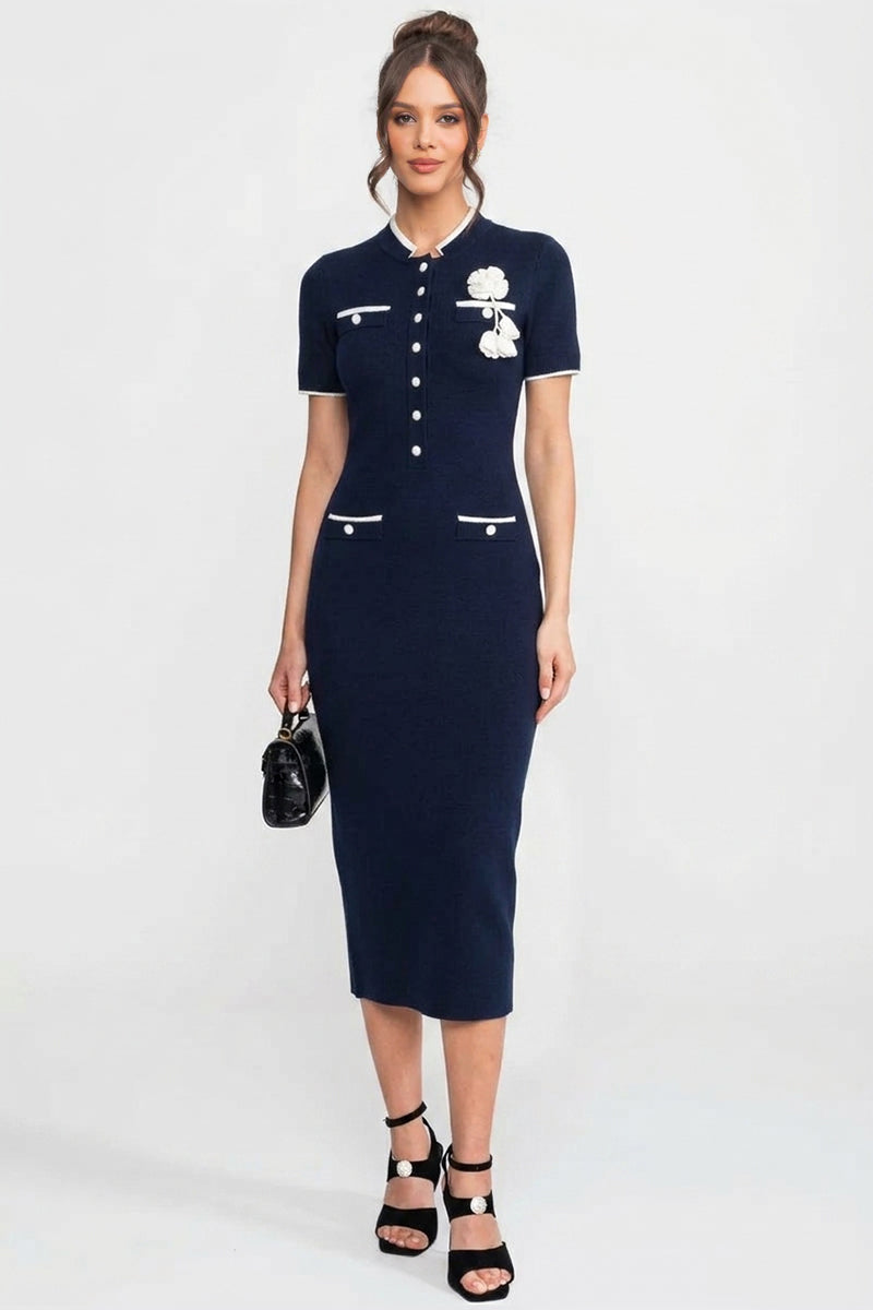 Fine Rib Knit Button-Through Midi Dress with Contrast Trim and Pockets – Navy – view 3