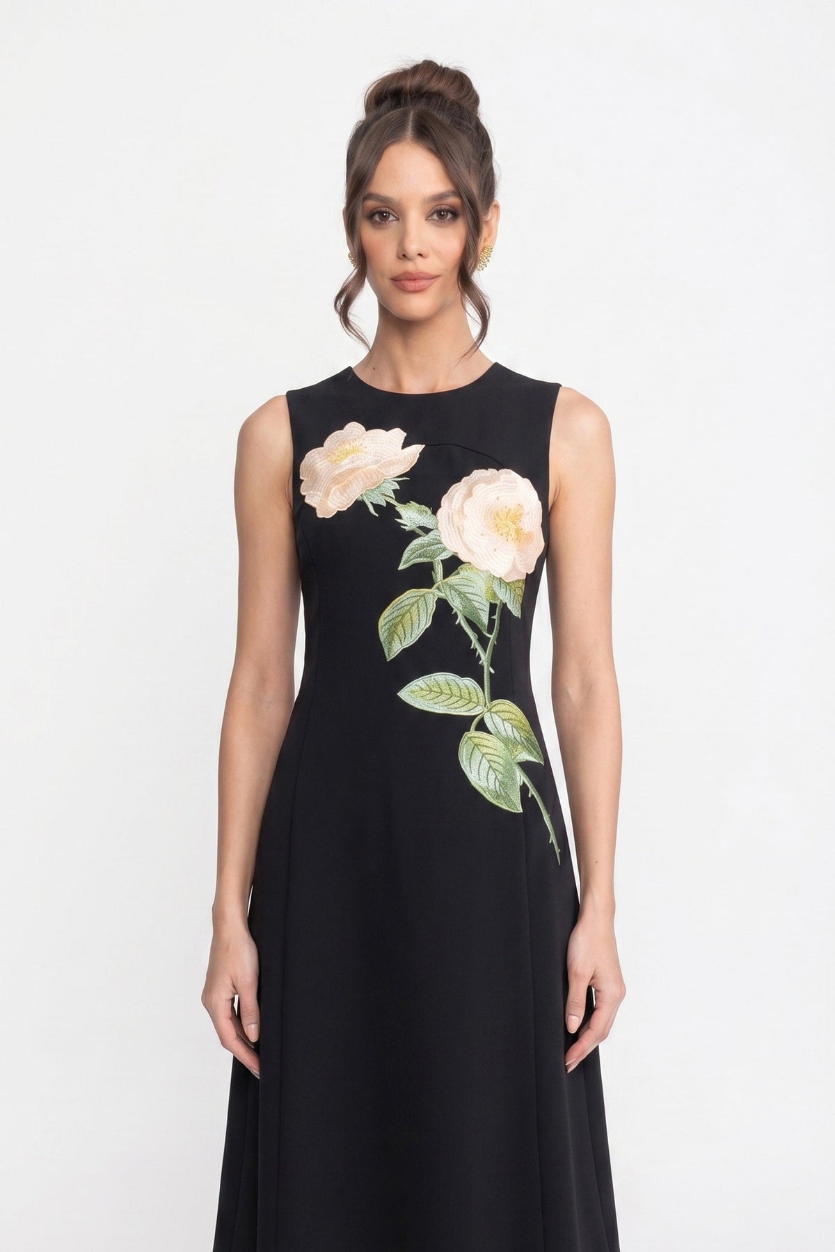 Sleeveless 3D Floral Appliqué Midi Dress with Full Skirt – Black