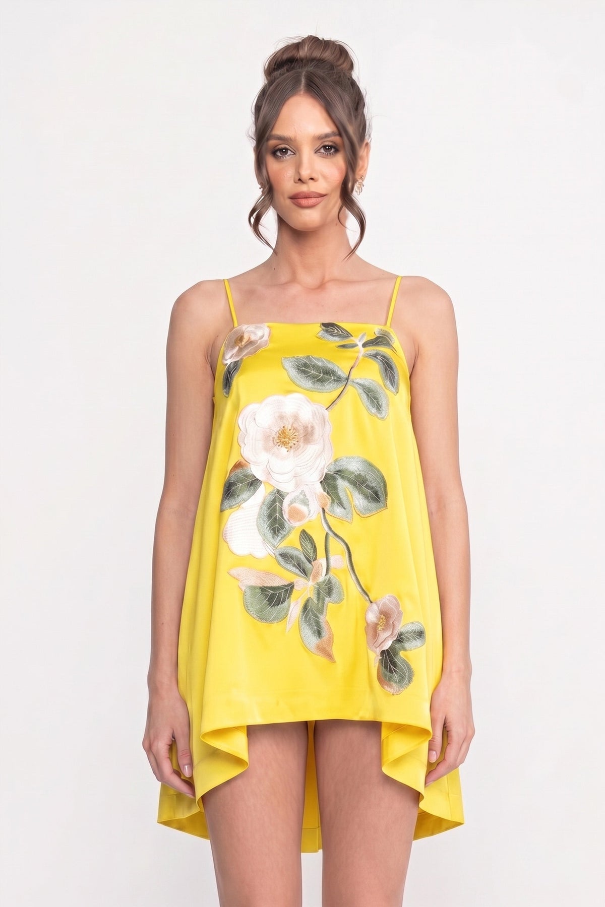 Structured A-Line Mini Dress with 3D Camellia Appliqué – Yellow – view 5
