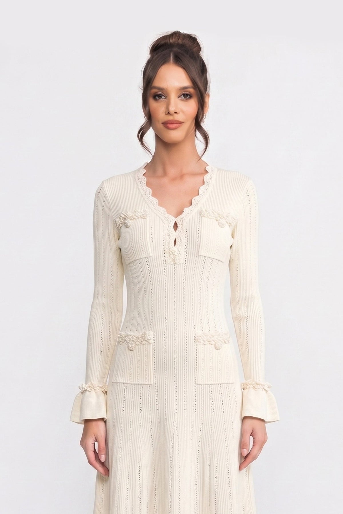 V-Neck Ribbed Knit Mini Dress with Ruffle Hem and Bow Cuffs – Ivory – view 3