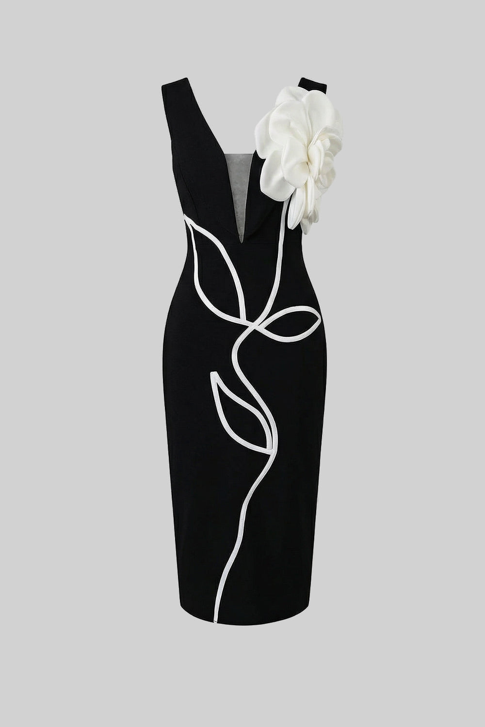 Sleeveless V-Neck Midi Dress with Sculpted Floral Shoulder – Black – view 2