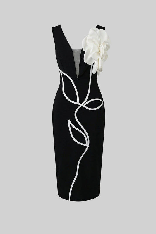 Sleeveless V-Neck Midi Dress with Sculpted Floral Shoulder – Black – view 2