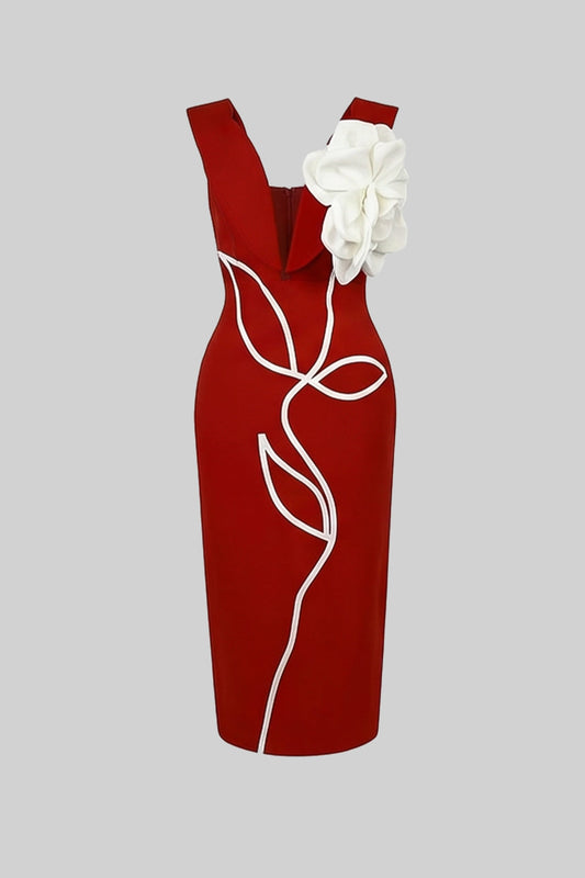Structured V-Neck Midi Dress with Floral Shoulder Appliqué – Red – view 2