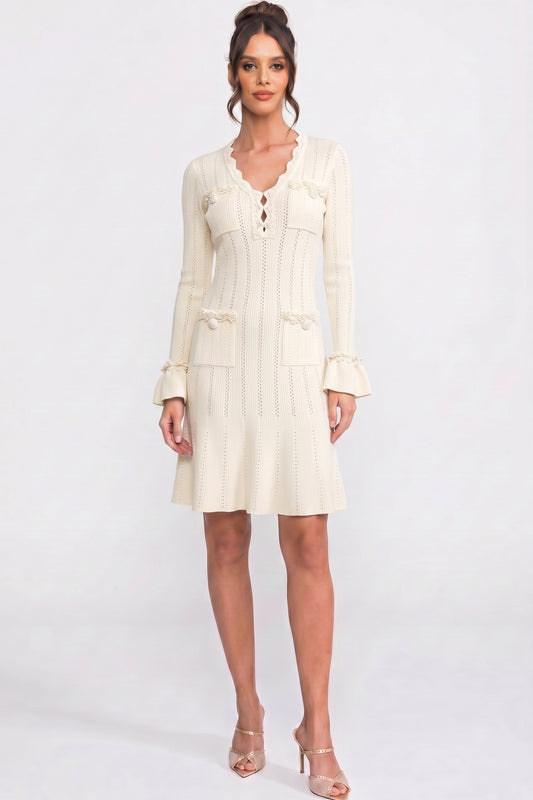 V-Neck Ribbed Knit Mini Dress with Ruffle Hem and Bow Cuffs – Ivory
