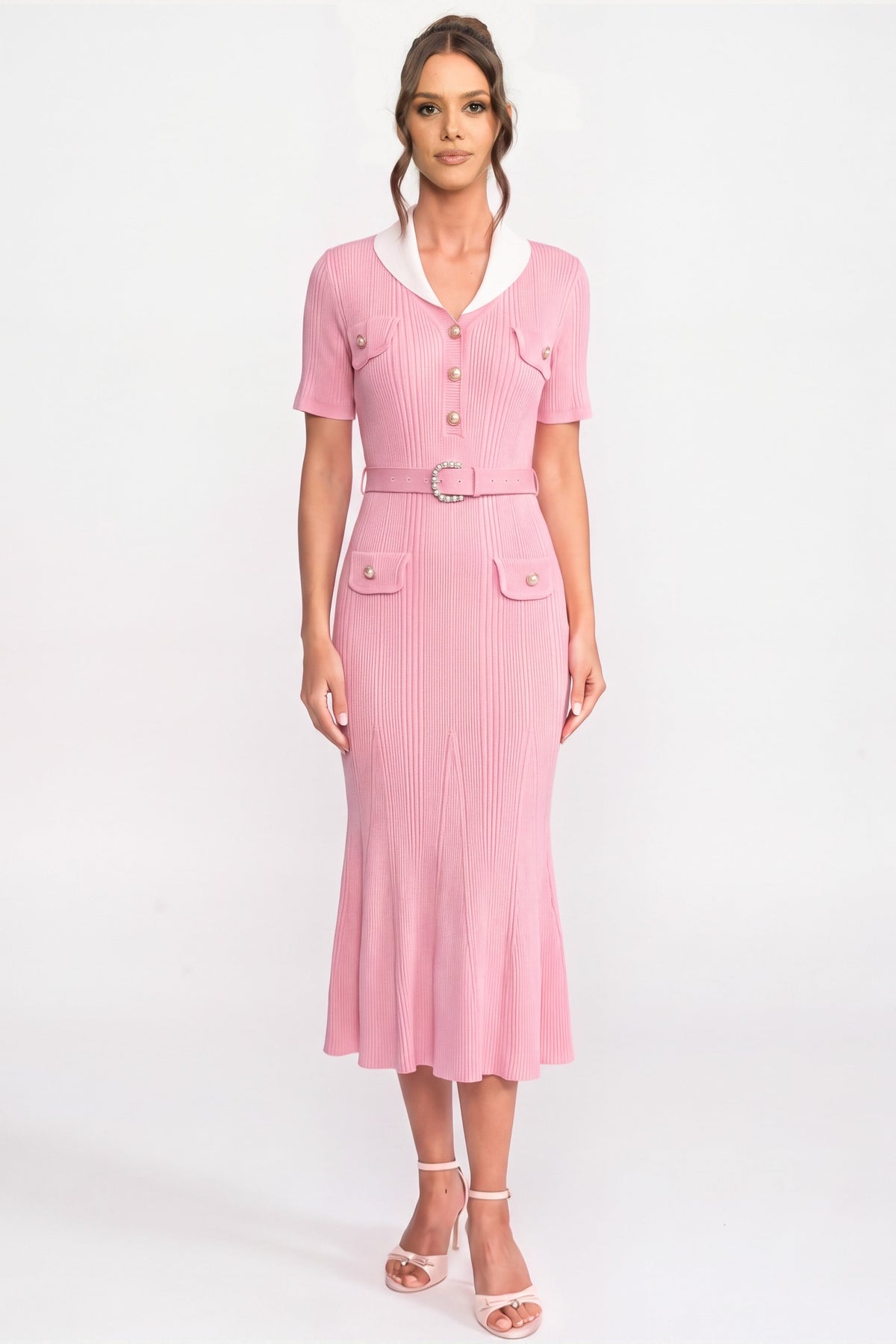 Ribbed Knit Midi Dress with White Shawl Collar and Pearl Belt – Pink – view 1