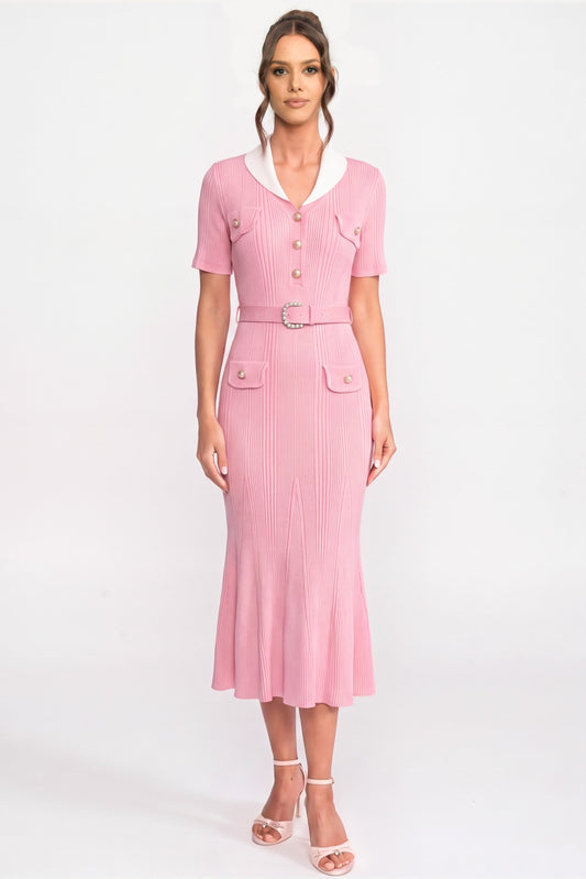 Ribbed Knit Midi Dress with White Shawl Collar and Pearl Belt – Pink