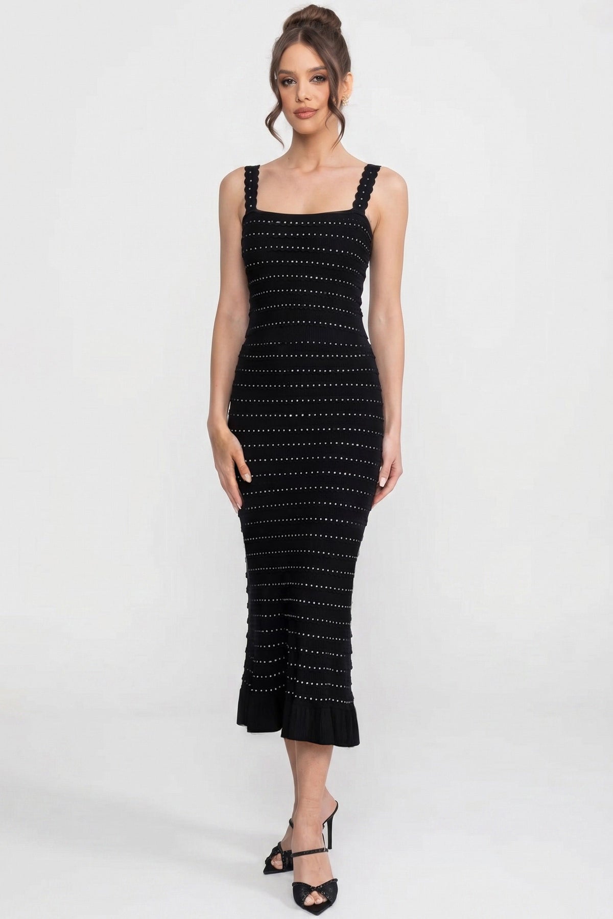 Bouclé Knit Puff Sleeve Blazer, Top and Midi Skirt Three-Piece Set – Black – view 2