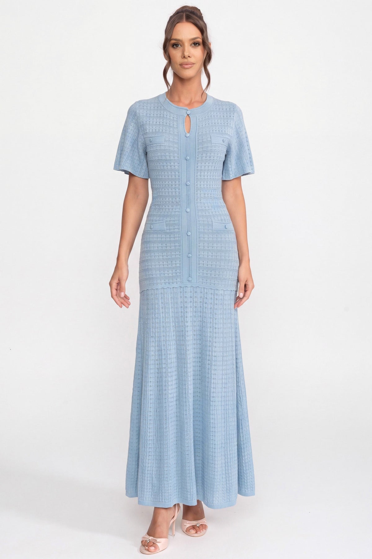 Shimmer Knit Button Front Midi Dress with Pleated Skirt – Light Blue – view 1
