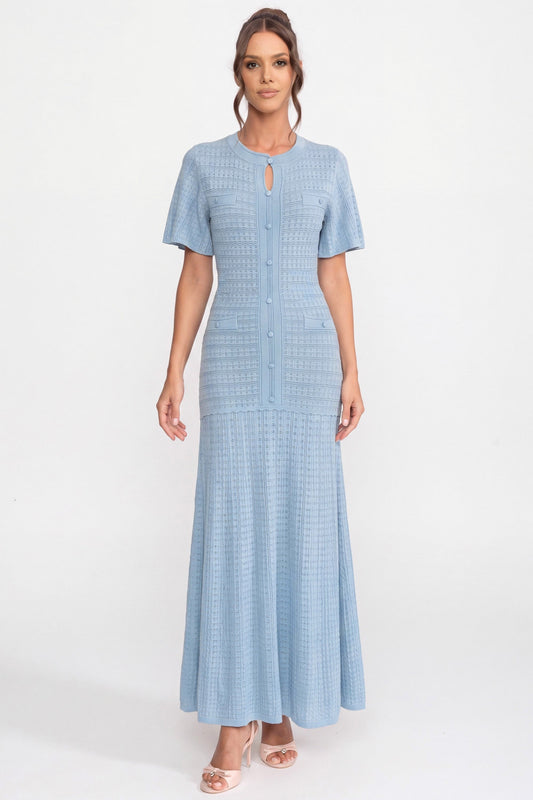 Shimmer Knit Button Front Midi Dress with Pleated Skirt – Light Blue