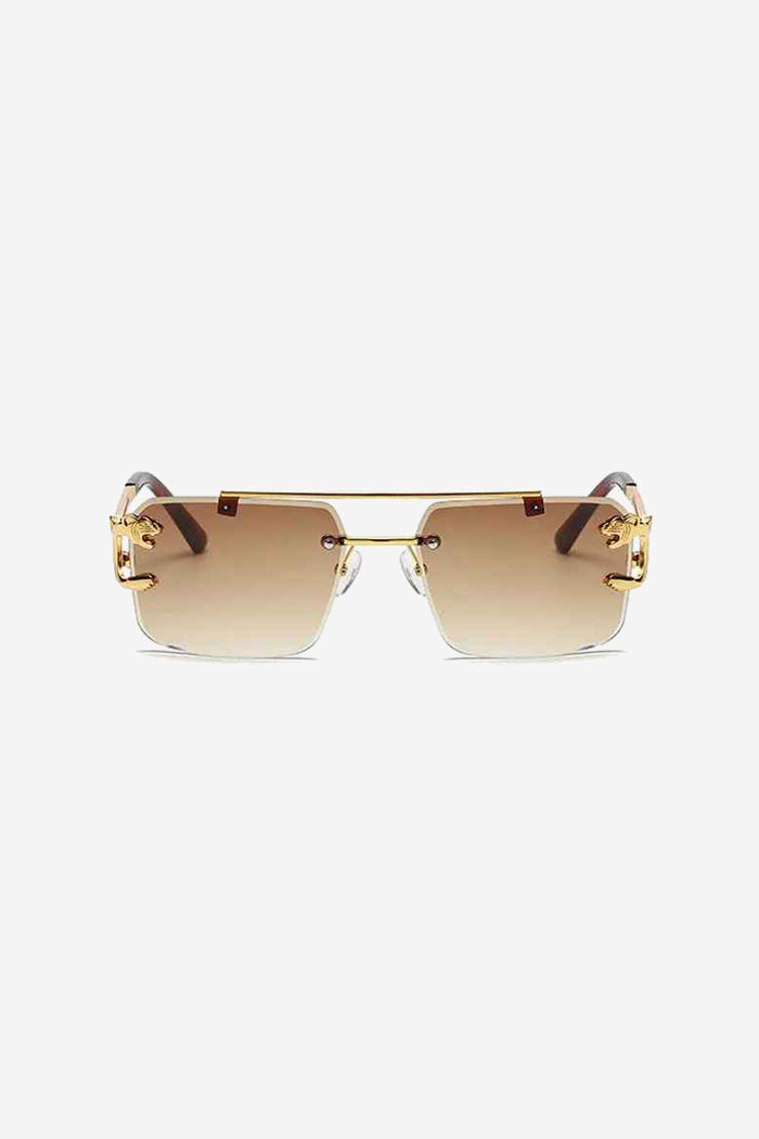 Rimless Square Sunglasses with Gold Panther and Double-Bar Temples – Brown – view 3