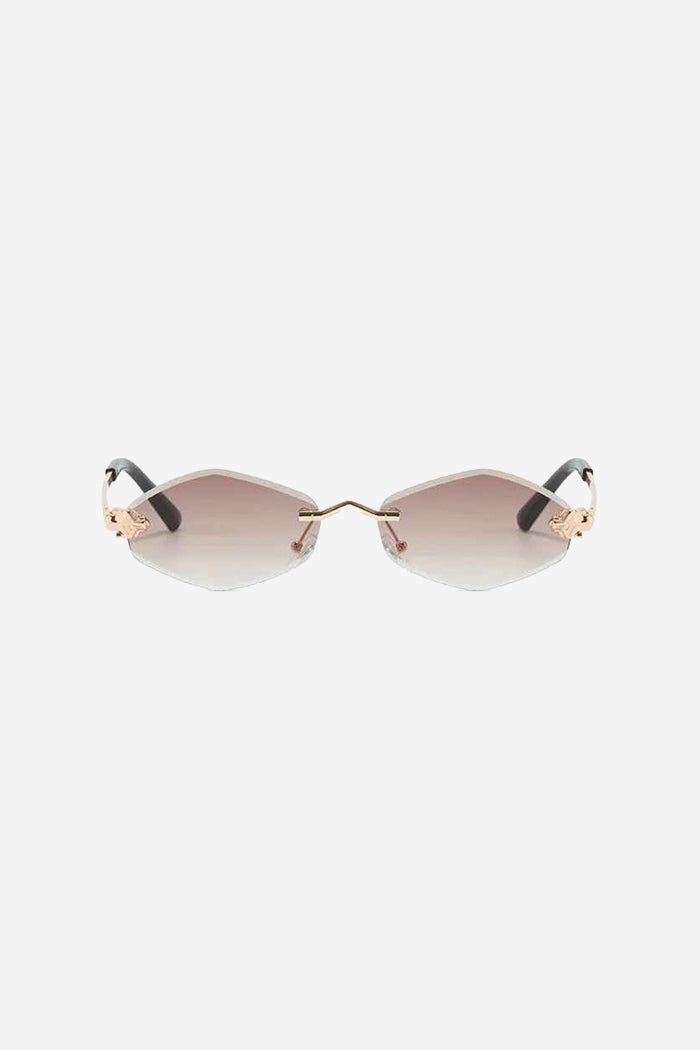 Rimless Hexagon Sunglasses with Gold Patterned Temples – Brown – view 3